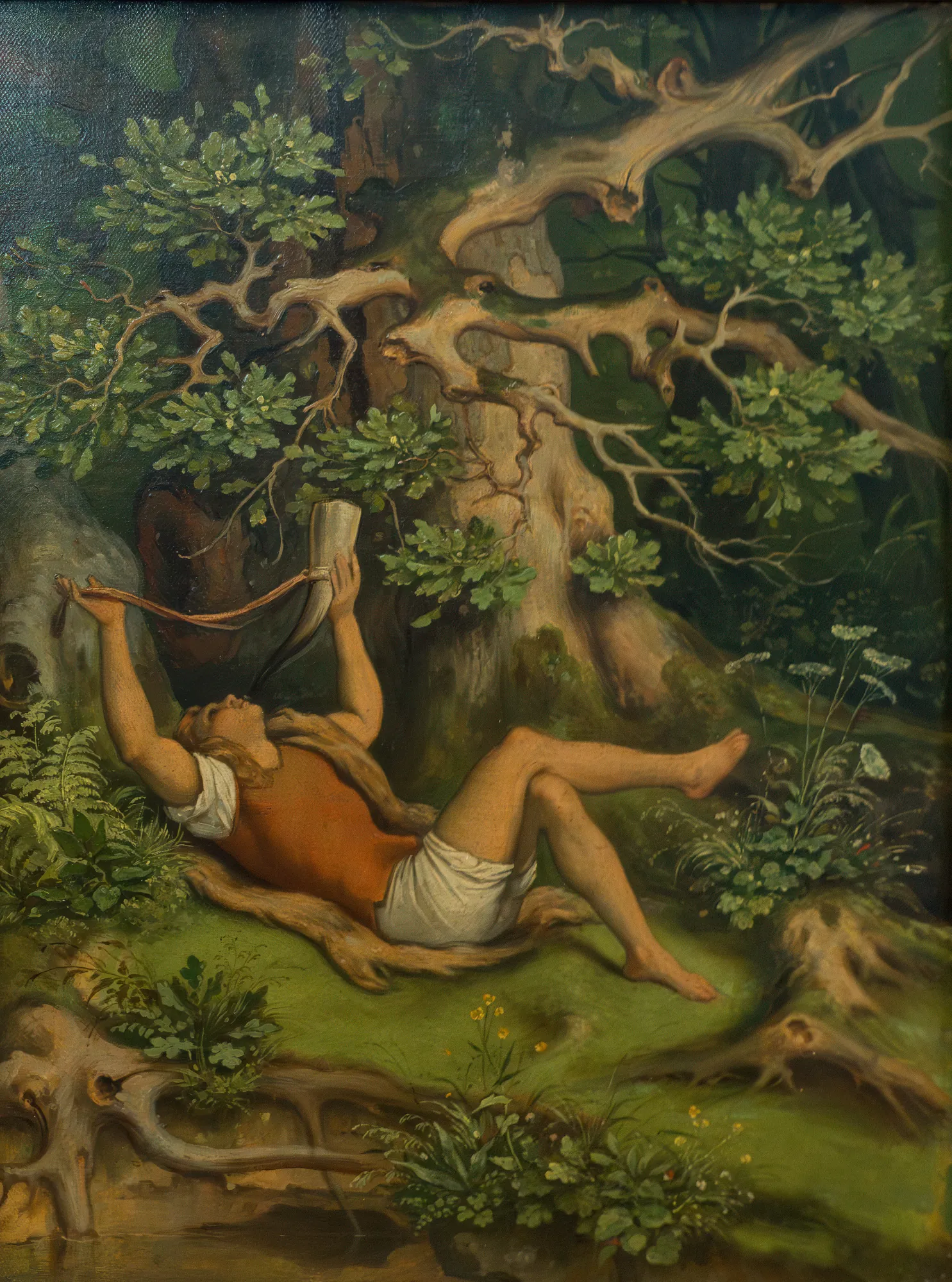 Im Walde (Des Knaben Wunderhorn) Im Walde (Des Knaben Wunderhorn) by Moritz von Schwind. A young man in an orange tunic and white shorts lies on a grassy forest floor beneath a sprawling oak tree, holding a horn.