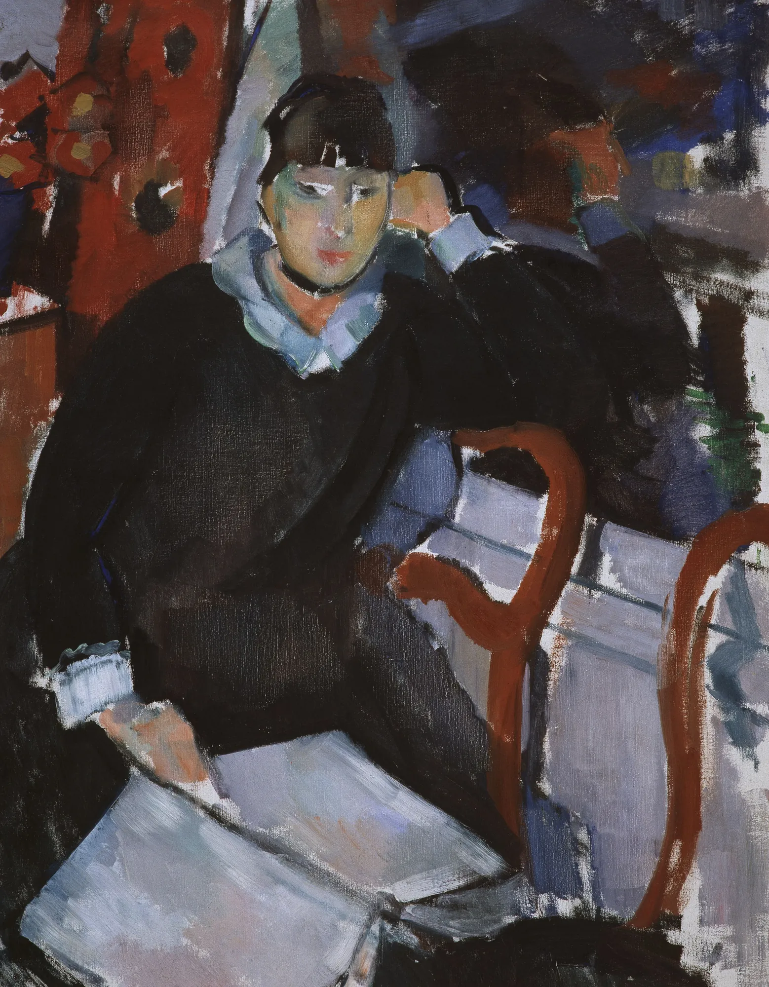 Seated Woman at the Window Seated Woman at the Window by Rik Wouters. A woman with dark hair sits in a pensive pose, leaning her head on her hand, rendered in bold brushstrokes of black, blue, and deep red.