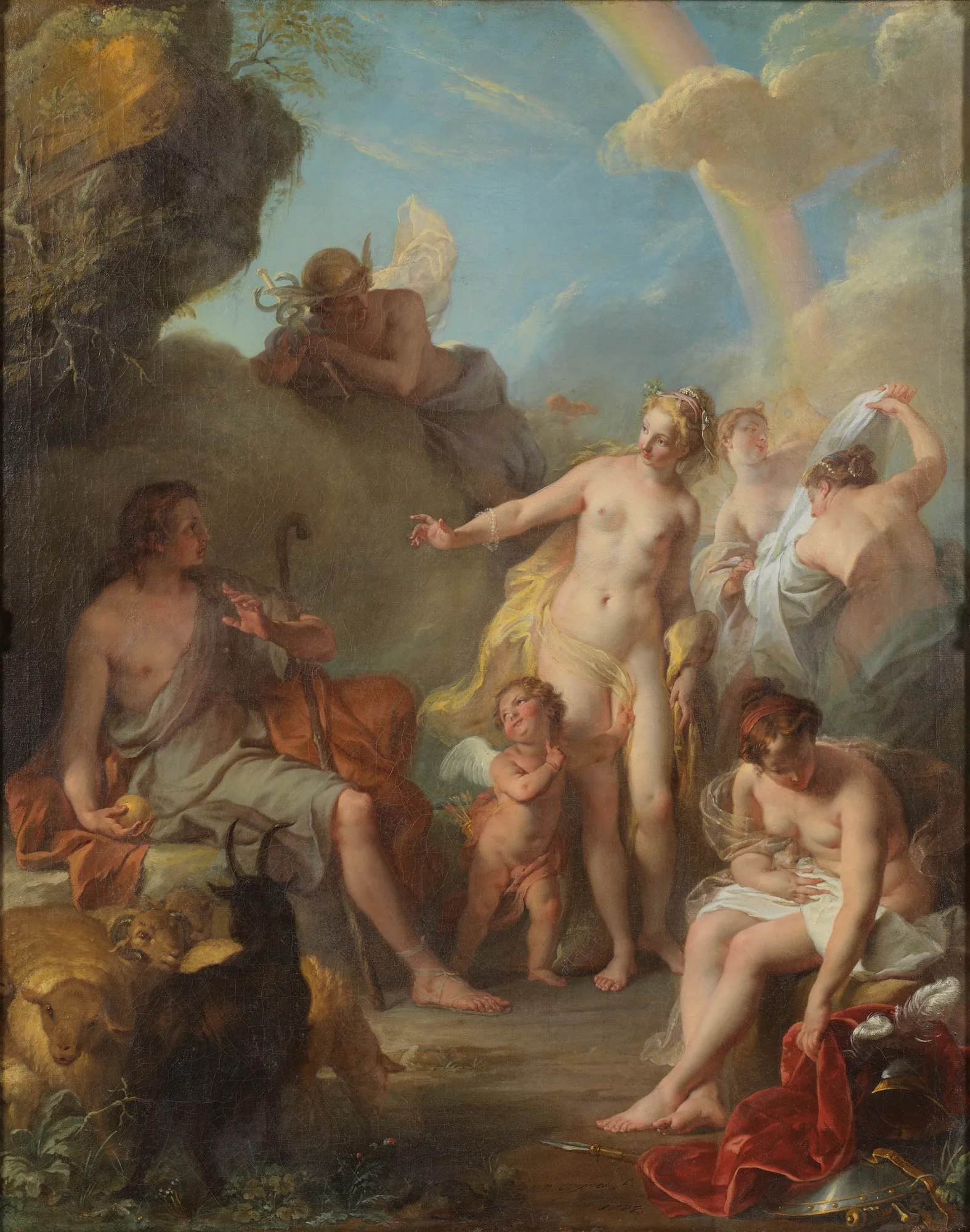 The Judgement of Paris The Judgement of Paris by Nöel-Nicolas Coypel. A classical mythological scene showing Paris offering a golden apple to Venus, who stands nude accompanied by Cupid and other goddesses beneath a soft rainbow.