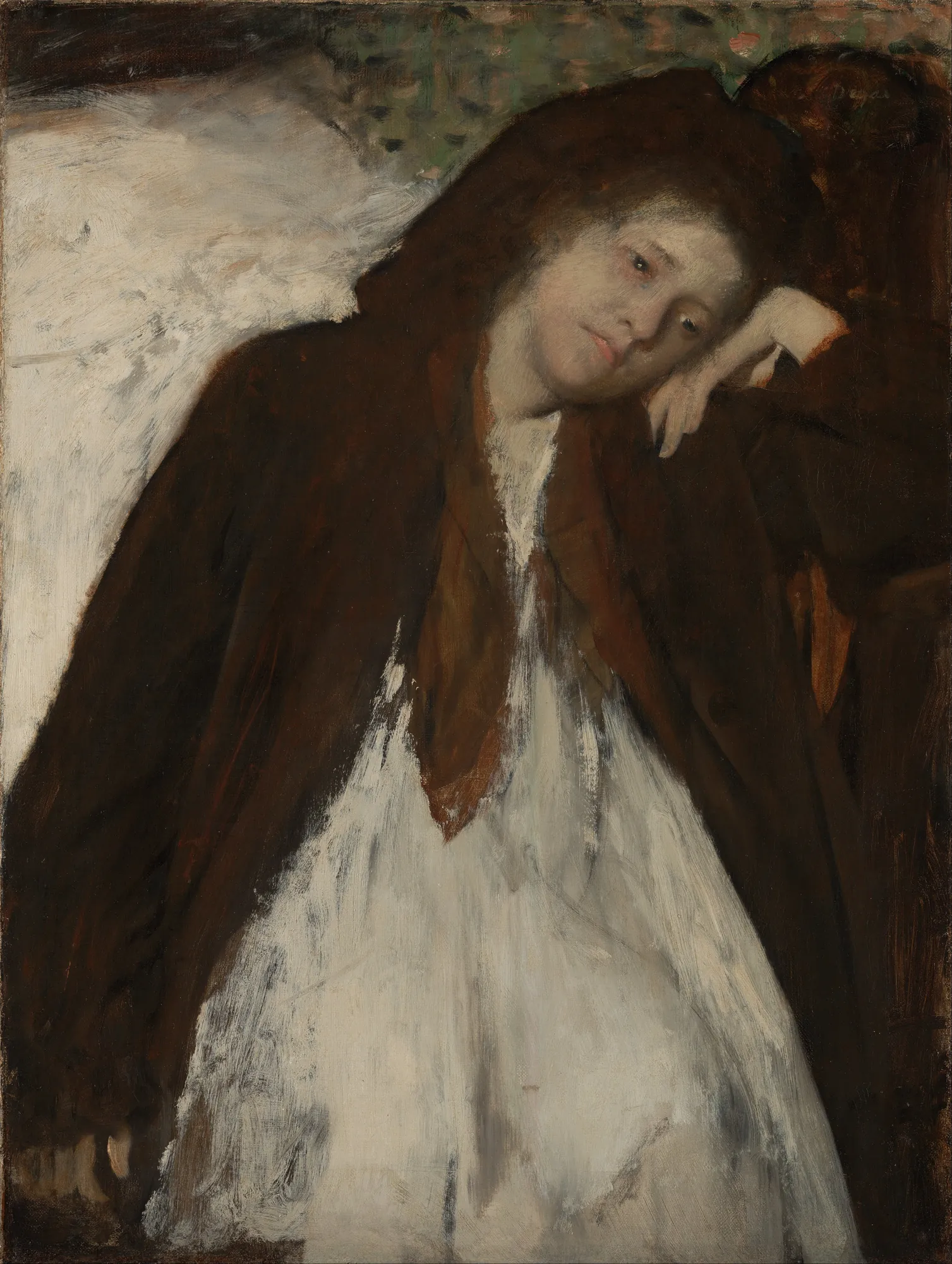 The Convalescent The Convalescent by Edgar Degas. A young woman with reddish hair, wearing a white dress and a dark brown wrap, leans her head against her hand while resting on a patterned pillow.