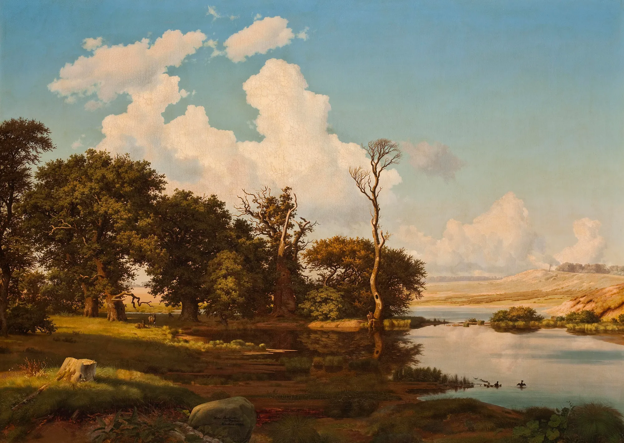 Danish Landscape, Oak Trees by a Lake Danish Landscape, Oak Trees by a Lake by Heinrich Buntzen. A peaceful 19th-century oil painting of ancient oak trees standing on a grassy shore beside a calm lake under a bright, cloud-filled sky.
