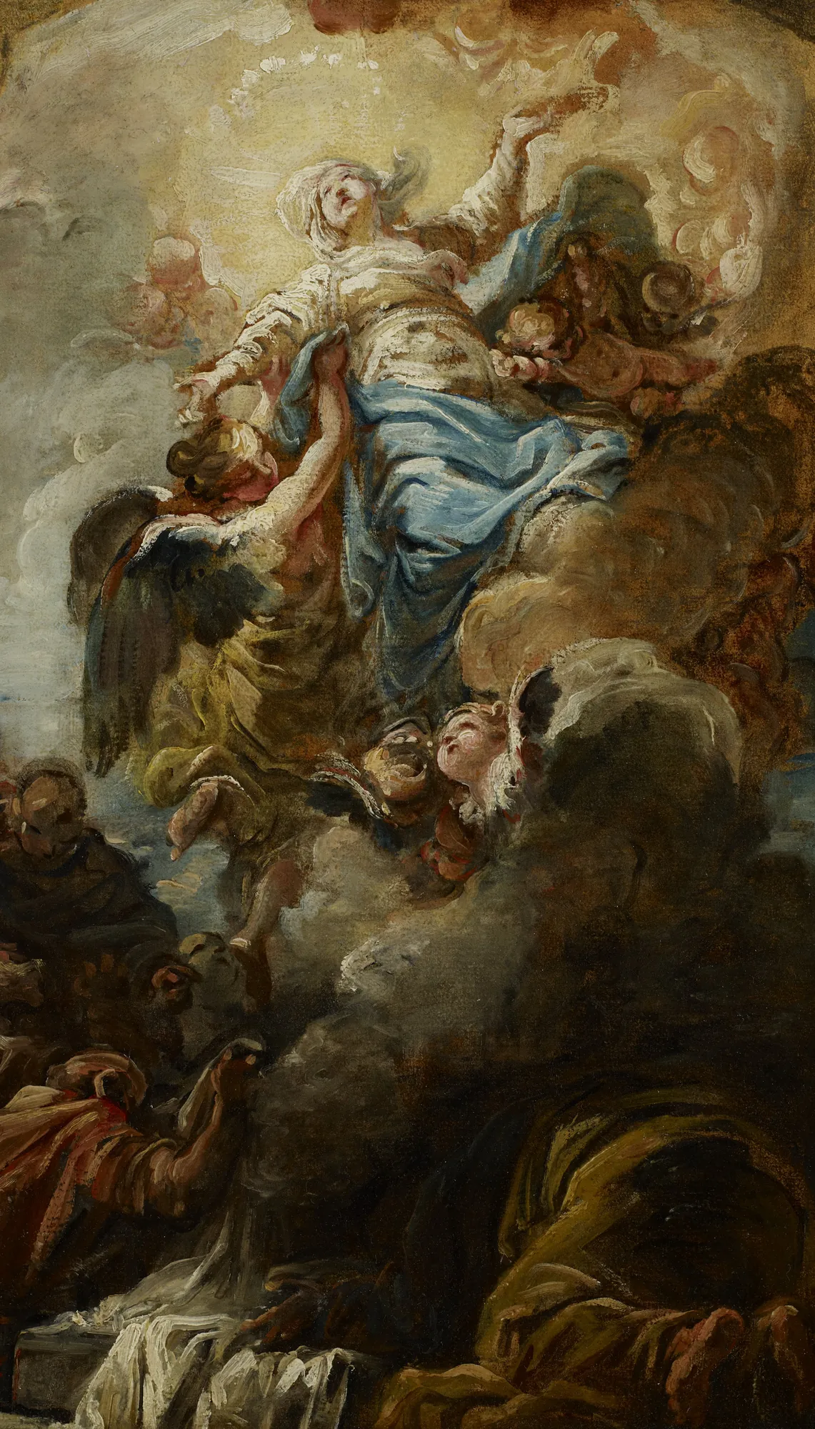 Study for the Assumption of the Virgin Study for the Assumption of the Virgin by Jean-Baptiste-Henri Deshays. An oil sketch depicting the Virgin Mary ascending into a radiant golden sky, supported by angels and observed by figures in shadow below.
