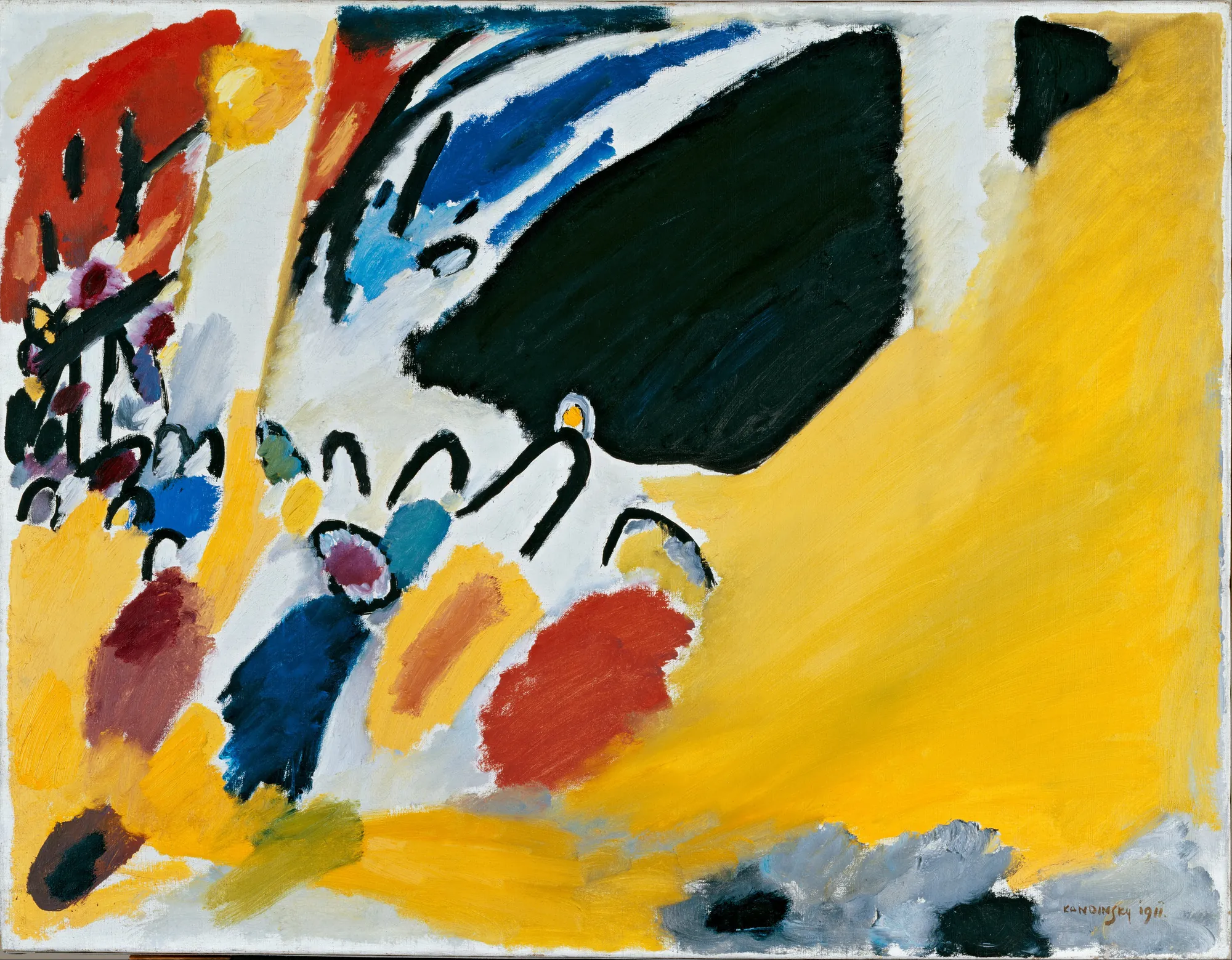 Impression III (Concert) Impression III (Concert) by Wassily Kandinsky. A vibrant abstract painting featuring a large, sweeping black shape juxtaposed against a bright yellow background with scattered accents of red and blue.