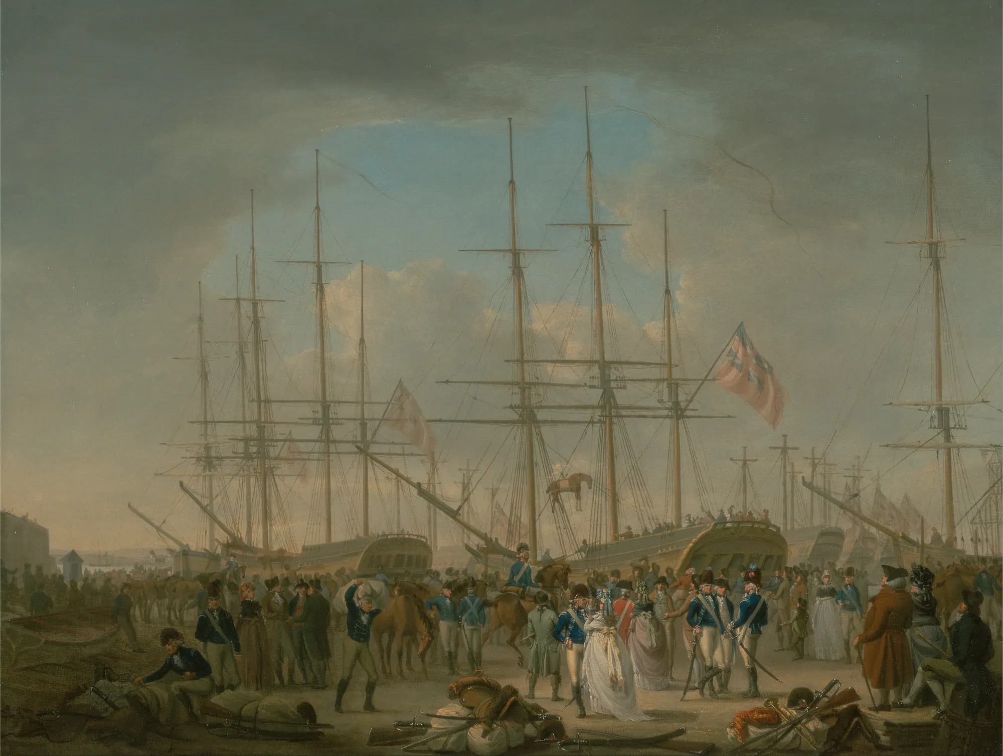 Hussars Embarking at Deptford Hussars Embarking at Deptford by William Anderson. A crowded dockyard scene featuring hussars and their horses being loaded onto large masted sailing ships under a heavy, atmospheric sky.