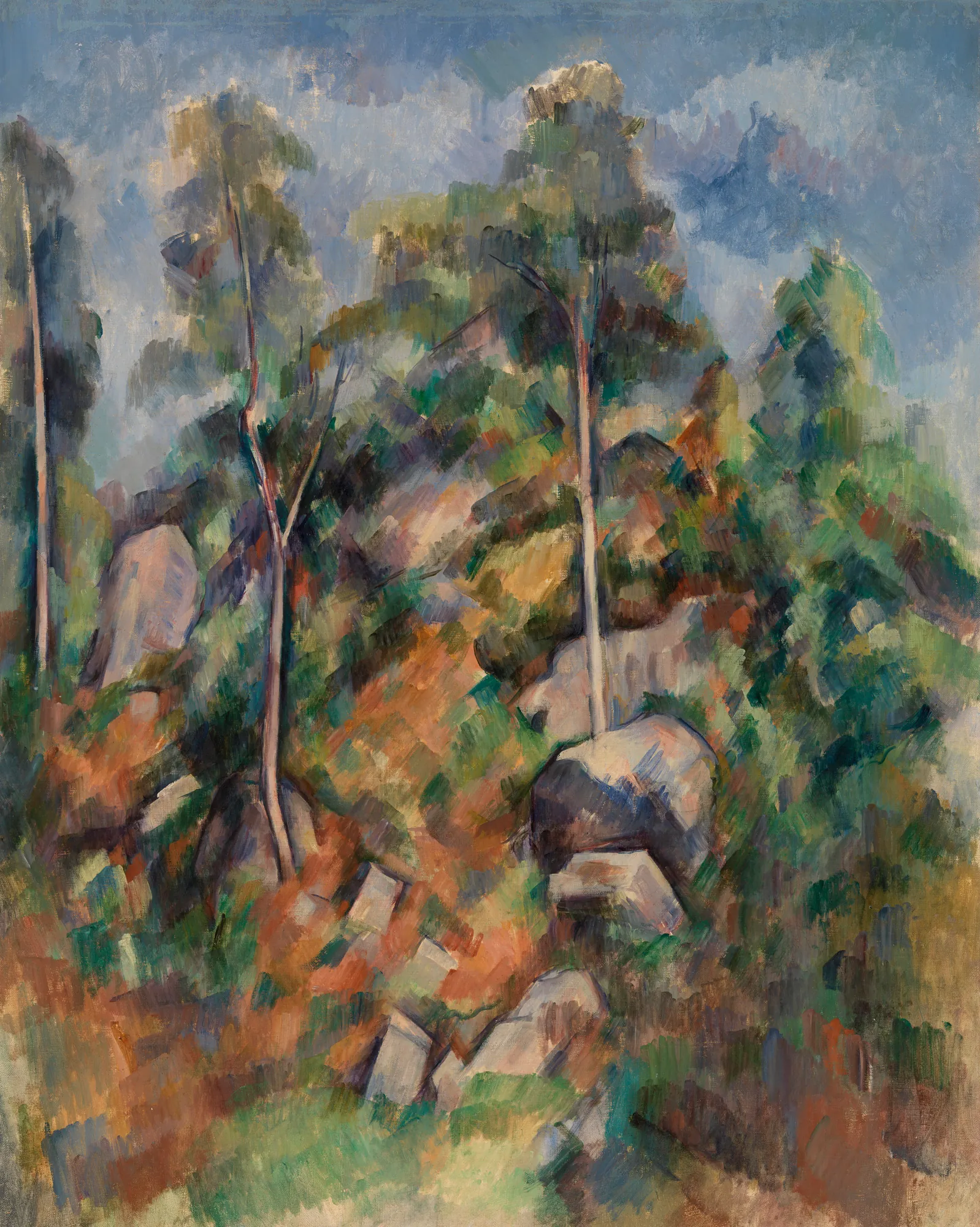 Rocks and Trees (Rochers et arbres) Rocks and Trees (Rochers et arbres) by Paul Cézanne. A textured hillside of grey boulders and vertical trees rendered with the rhythmic, faceted brushstrokes of the late Post-Impressionist style.