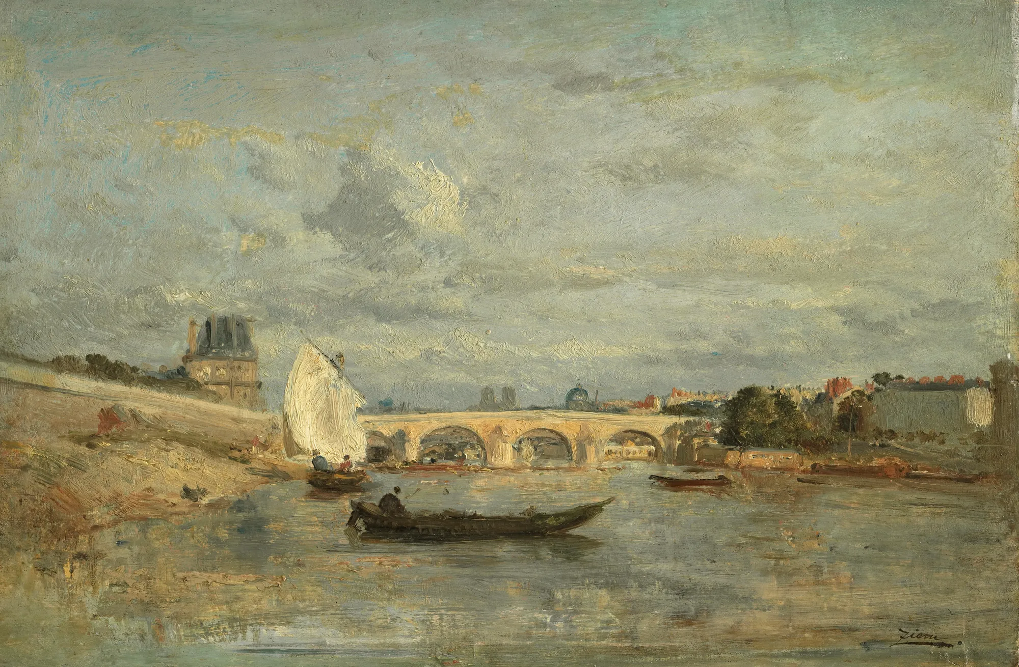Le Pont Royal, Paris Le Pont Royal, Paris by Félix Ziem. A 19th-century atmospheric oil painting depicting the Pont Royal bridge in Paris over the Seine river with several boats in the foreground under a cloudy sky.