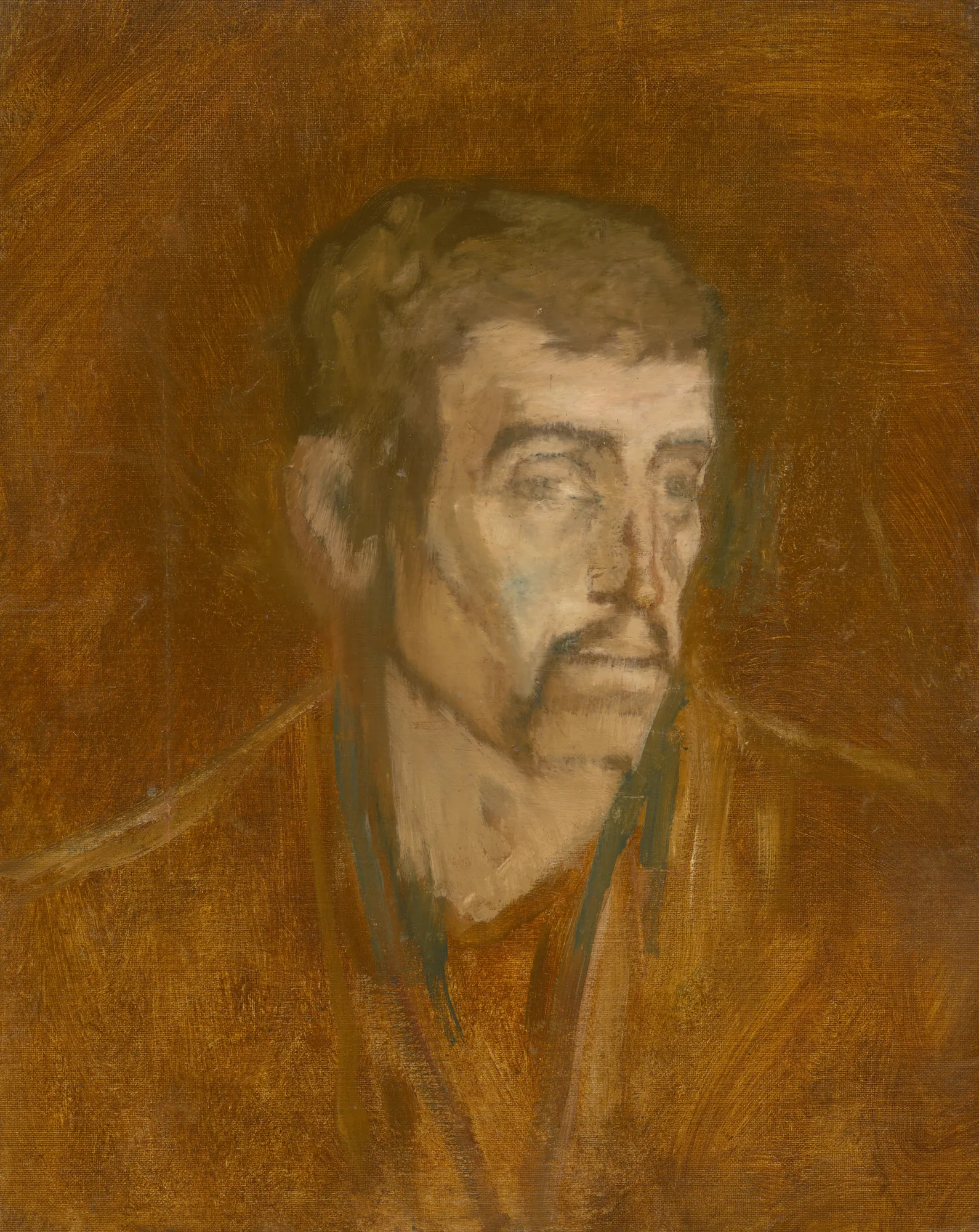 Study of an Unhappy Man Study of an Unhappy Man by László Mednyánszky. An expressive oil portrait of a man with a somber expression, painted in varying shades of brown and ochre with visible brushstrokes.