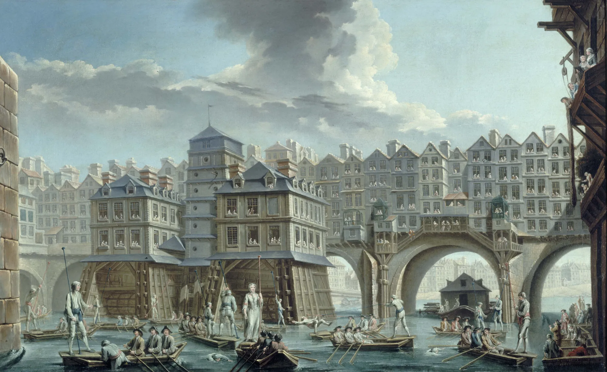 La Joute des Mariniers La Joute des Mariniers by Nicolas-Jean-Baptiste Raguenet. An 18th-century painting depicting a festive water jousting tournament on the Seine river in Paris, surrounded by historic buildings and crowded bridges.