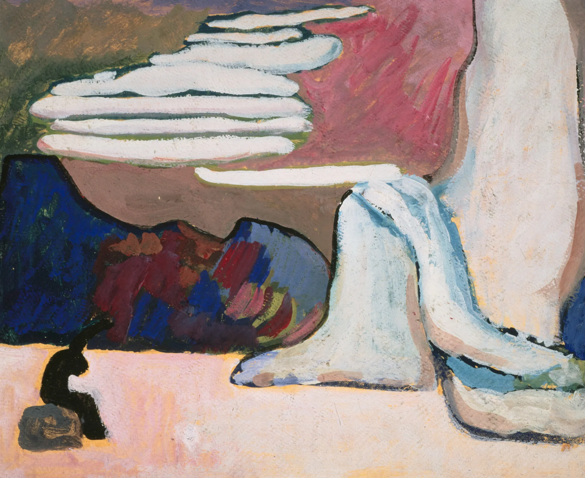 Study for Schwarz und Weiss Study for Schwarz und Weiss by Wassily Kandinsky. An abstract composition featuring bold strokes of deep blue, vibrant pink, and white with a small silhouetted figure in the lower-left foreground.