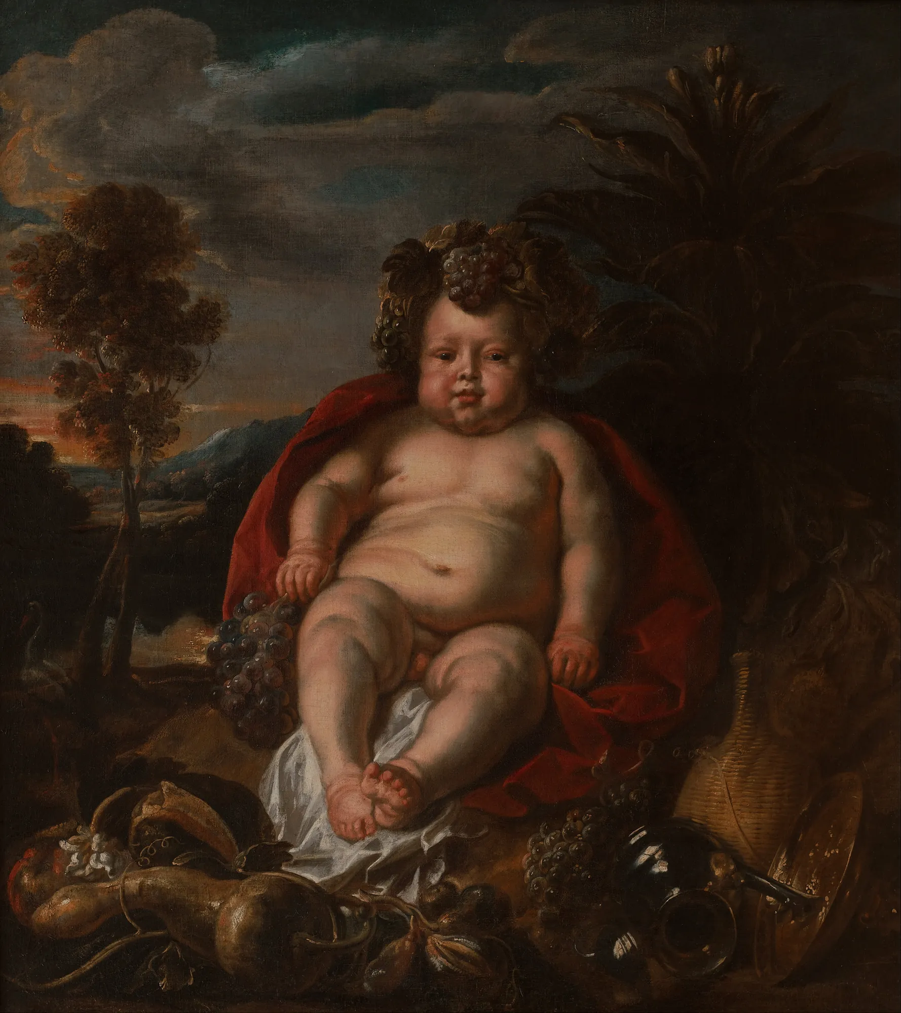 Bacchus as a Child Bacchus as a Child by Jacob Jordaens. A chubby infant Bacchus sits centrally, crowned with a wreath of grapes and surrounded by an abundance of fruit, vessels, and dark foliage under a cloudy sky.