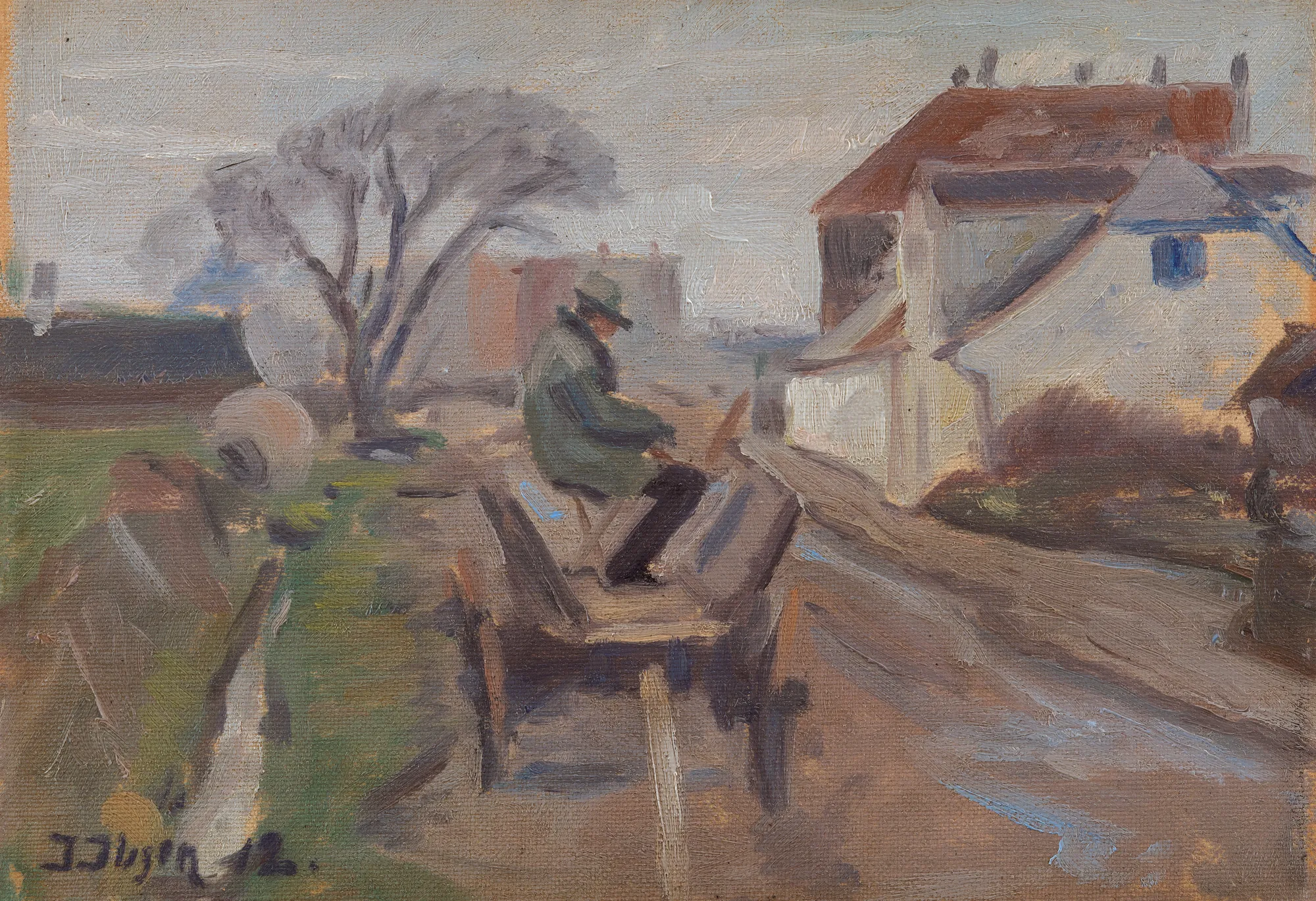 The Painter Ølund Hansen Sitting in a Wagon The Painter Ølund Hansen Sitting in a Wagon by Immanuel Ibsen. A figure in a hat sits on a wooden wagon in a quiet lane, painting a scene with houses and a bare tree.