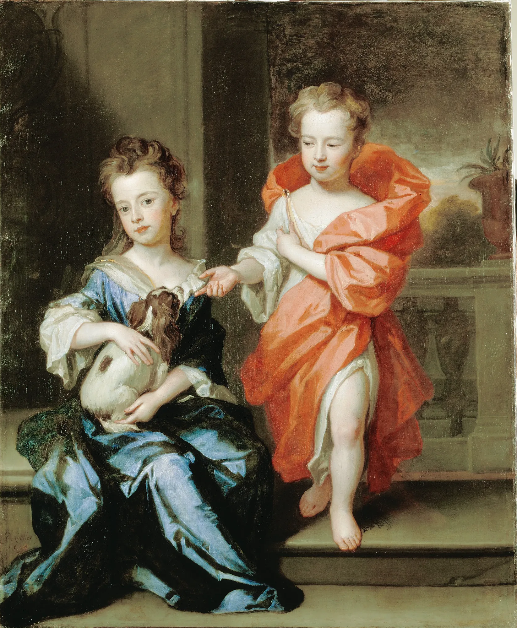 The Howard Children The Howard Children by Godfrey Kneller. A double portrait of two children in dramatic Baroque robes, with a young girl holding a small spaniel while a boy in a bright orange cloak stands beside her on a stone terrace.