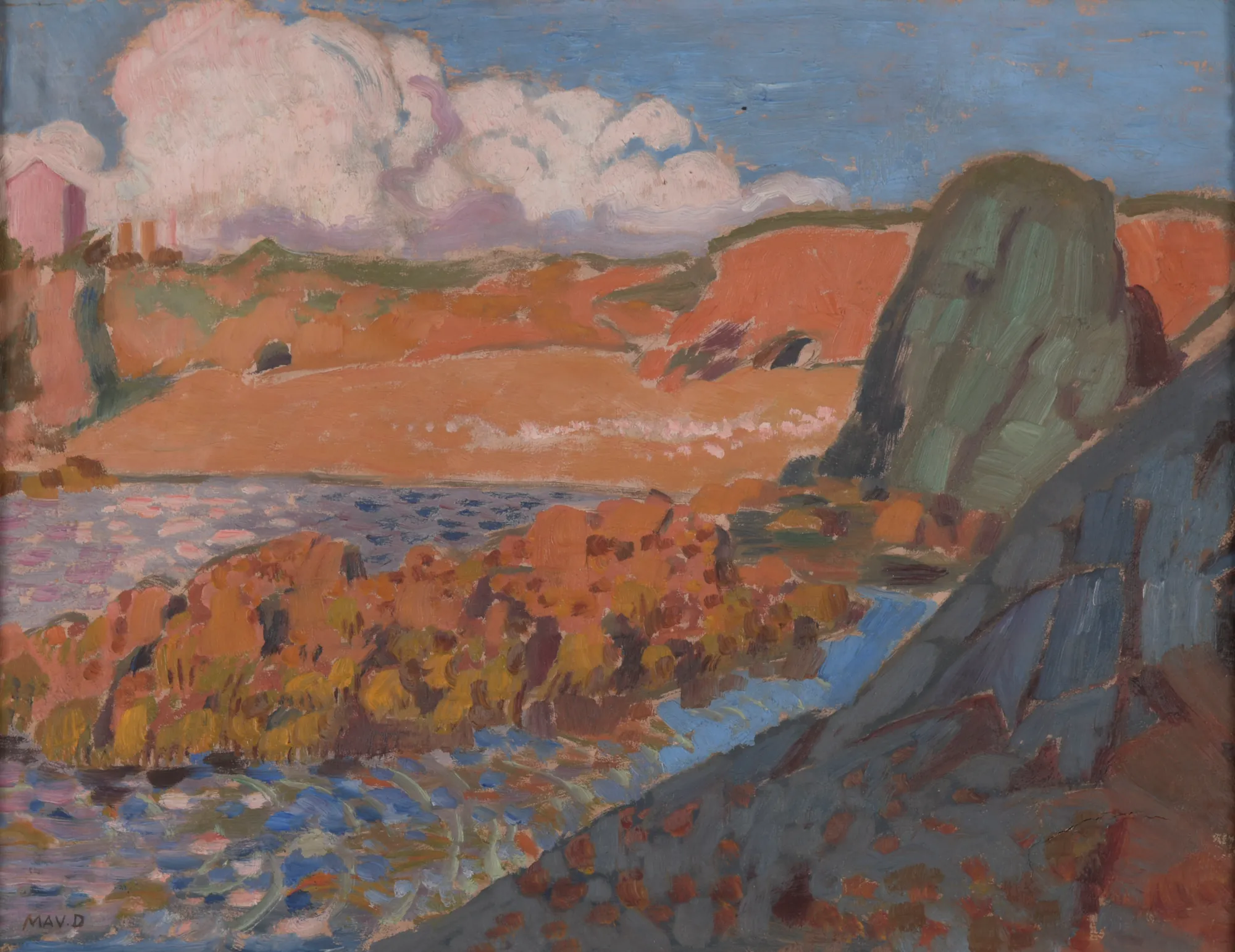 La Plage Rouge La Plage Rouge by Maurice Denis. A post-impressionist painting of a coastal landscape featuring ochre sands, blue water, and monumental white clouds under a soft sky.
