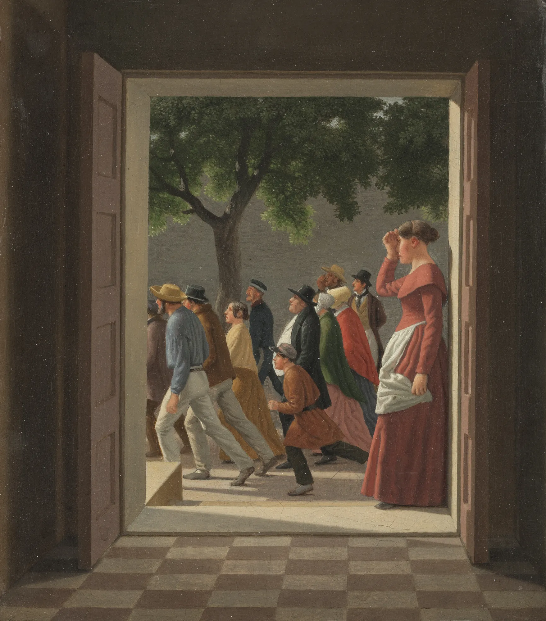 View through a Door to Running Figures View through a Door to Running Figures by Christoffer Wilhelm Eckersberg. A scene framed by an open doorway shows a group of people hurrying past while a woman in a red dress watches from the threshold.
