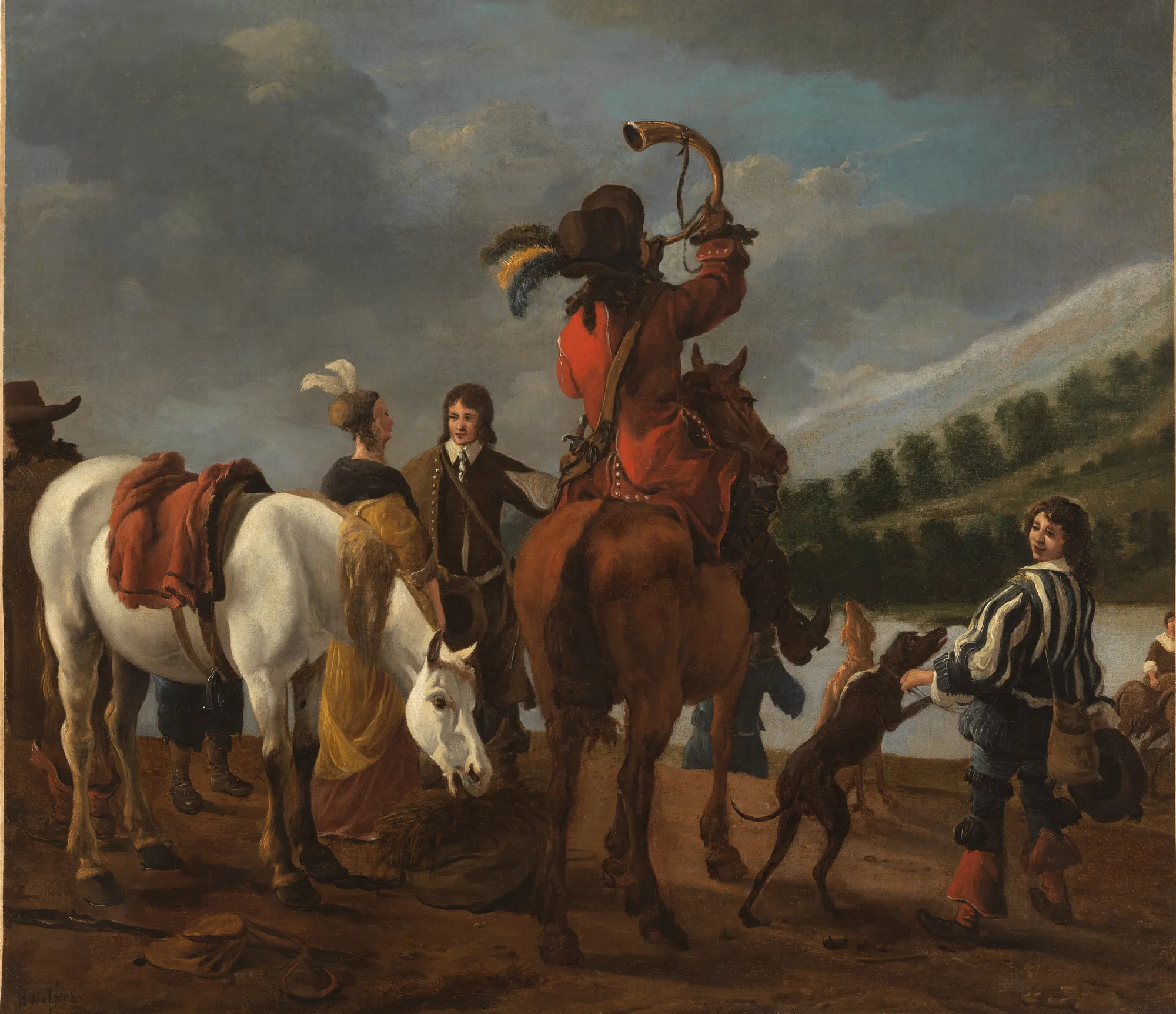 Hunters Pausing Hunters Pausing by Jan Baptist Wolfaerts. A group of seventeenth-century figures and horses rest in a landscape as a hunter on a chestnut horse blows a horn.