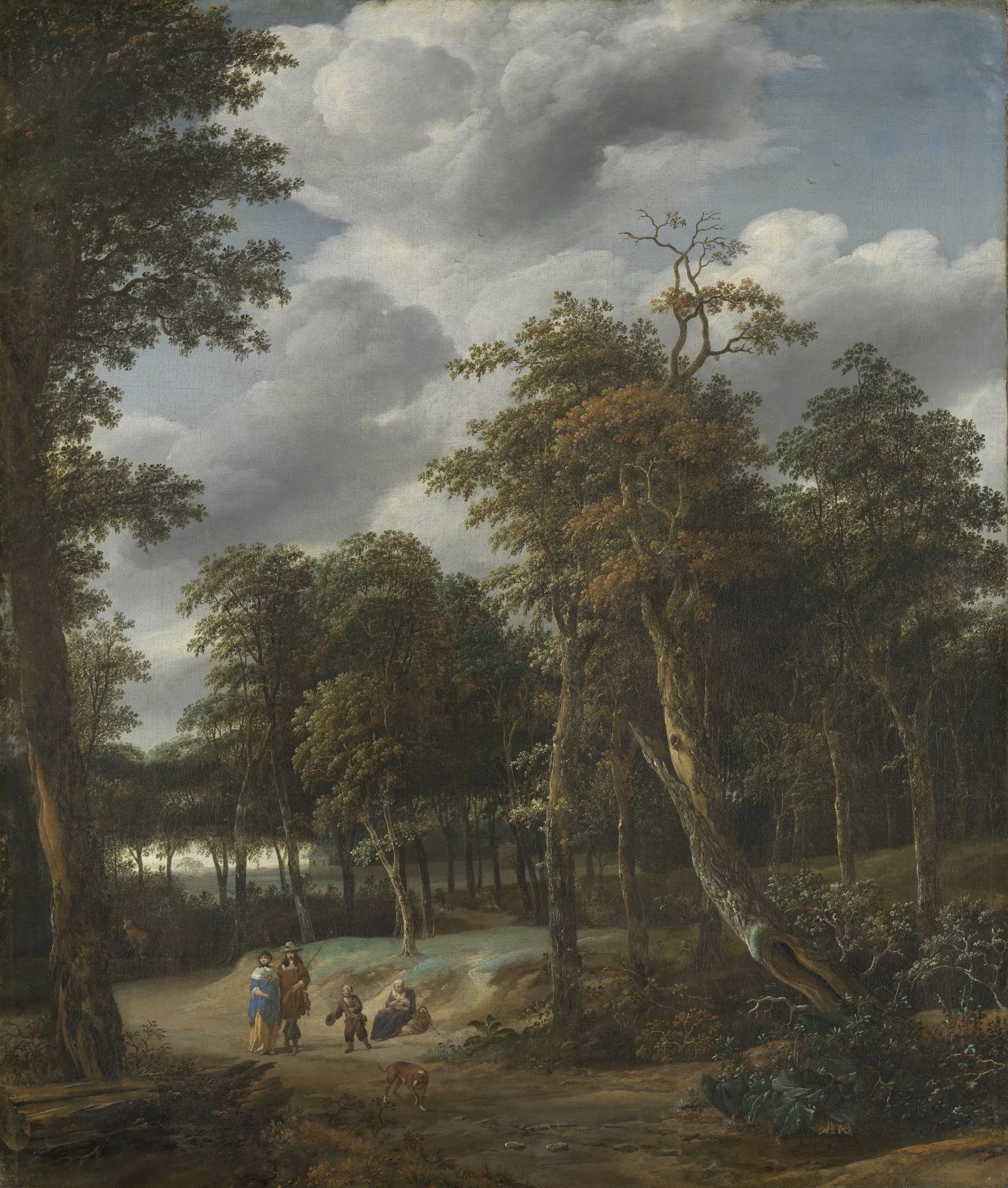 Path in the Woods Path in the Woods by Jan Looten. A forest path winds through tall trees under a dramatic, cloudy sky with small figures and a dog in the foreground.