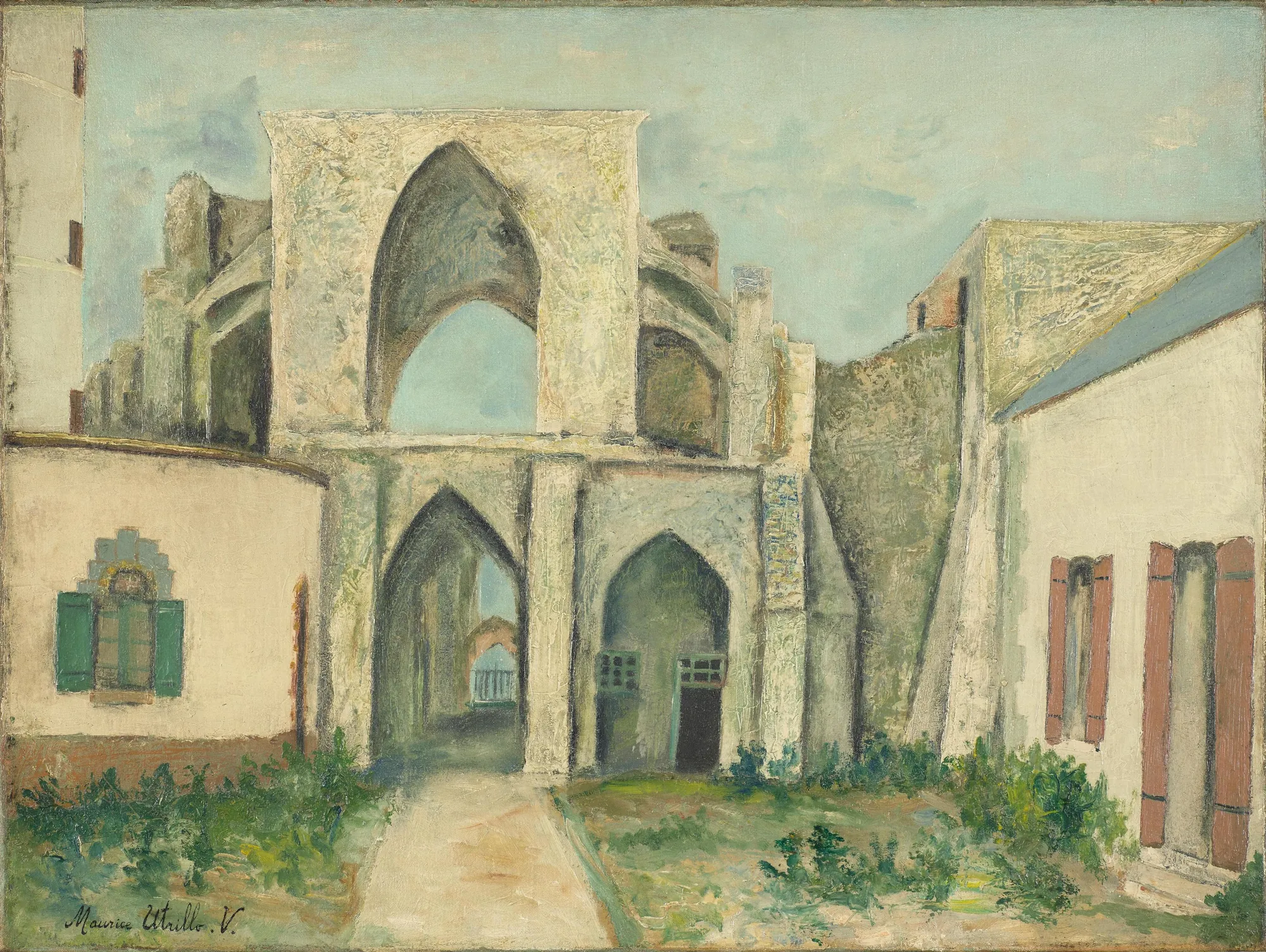 The Ruined Abbey (L'Abbaye en ruines) The Ruined Abbey (L'Abbaye en ruines) by Maurice Utrillo. A post-impressionist oil painting depicting the stone arches of a ruined abbey flanked by modest buildings under a pale, cloudy sky.