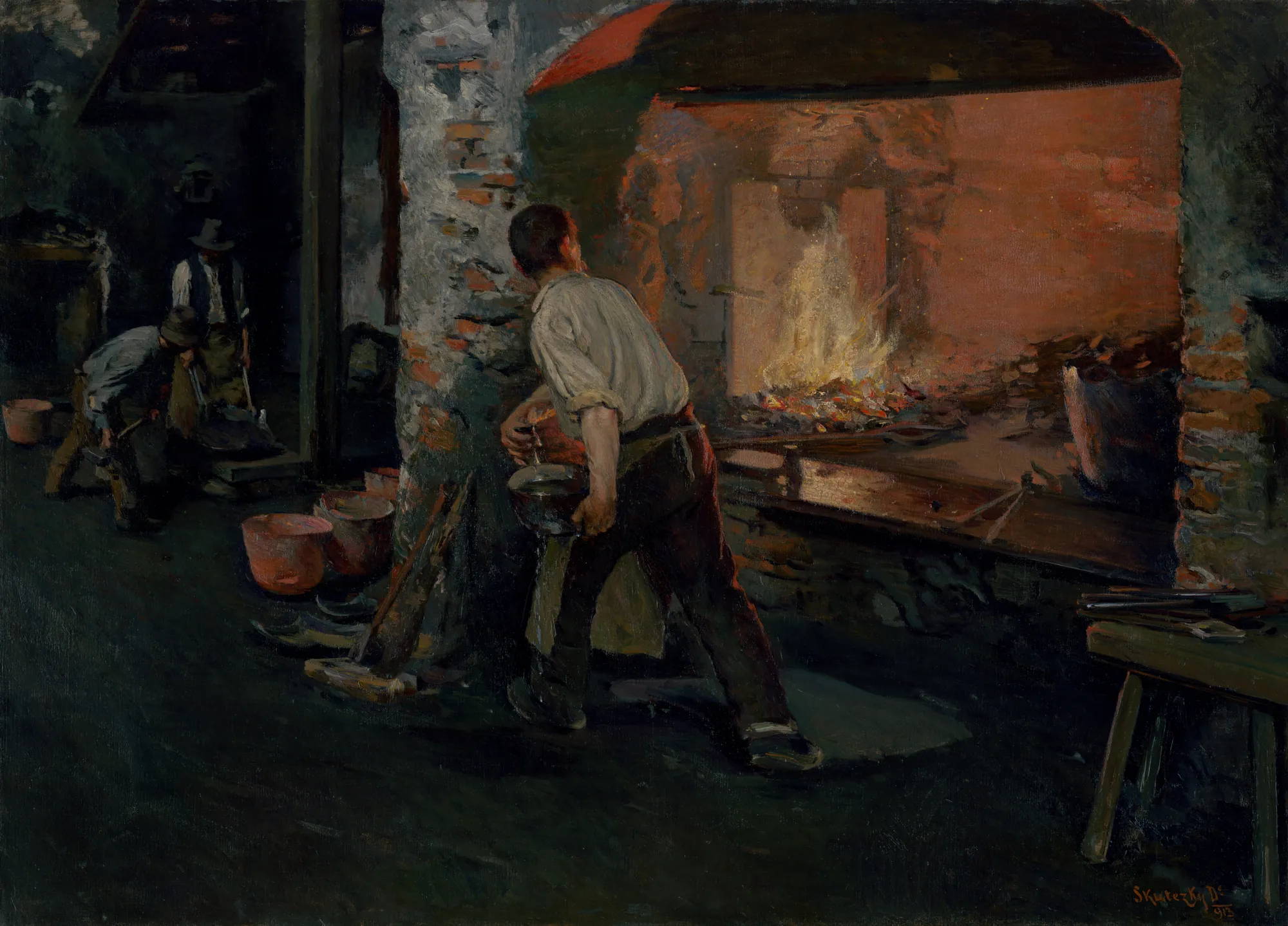 Before Finishing Work (Pred skončením práce) Before Finishing Work (Pred skončením práce) by Döme Skuteczky. A group of workers are depicted inside a dark, atmospheric copper smithy, illuminated by the intense orange glow of a central furnace.