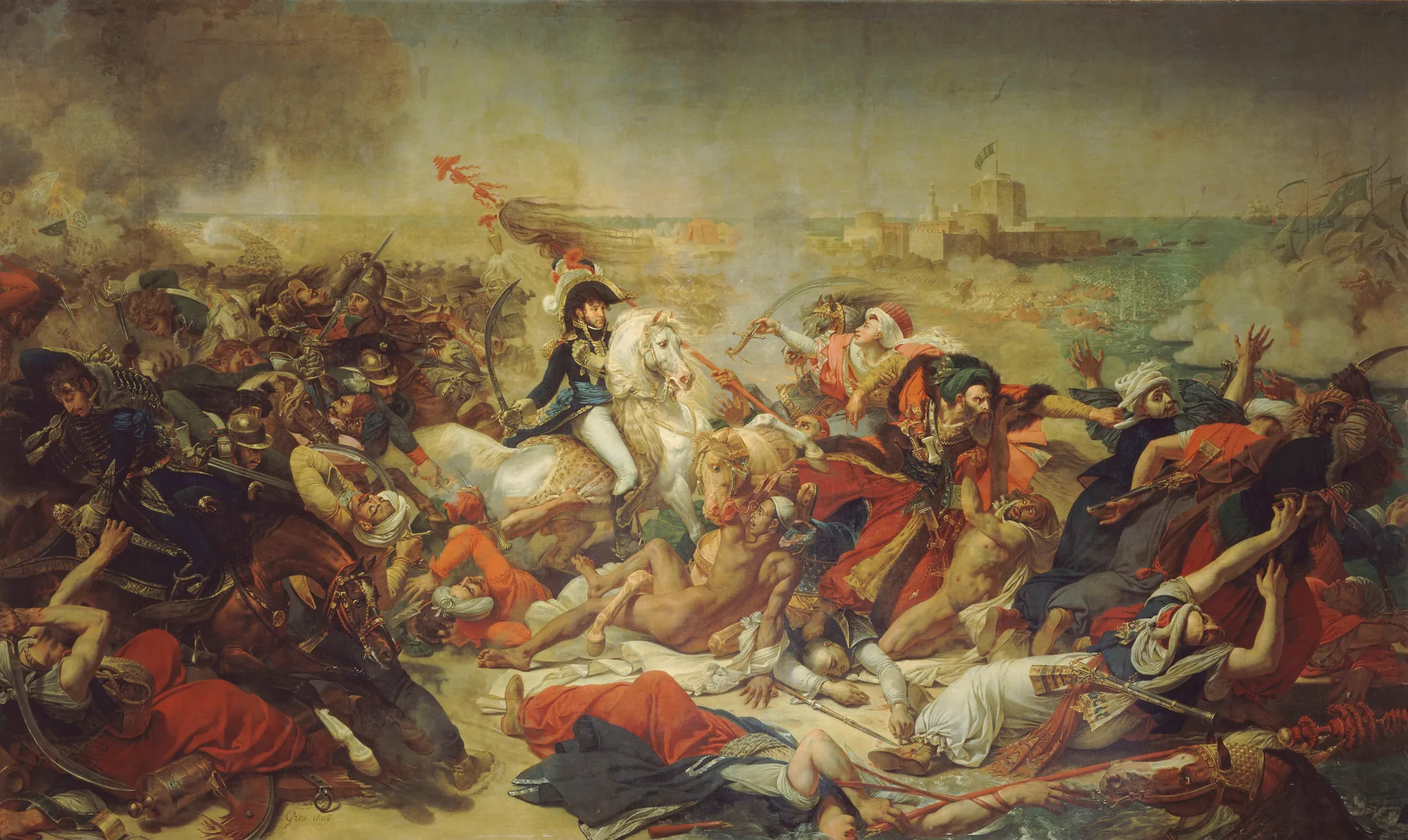 Bataille d'Aboukir, 25 Juillet 1799 Bataille d'Aboukir, 25 Juillet 1799 by Antoine-Jean Gros. A large-scale Neoclassical oil painting depicting a chaotic battle scene with cavalry, infantry, and smoke under a hazy sky near a coastal fortress.