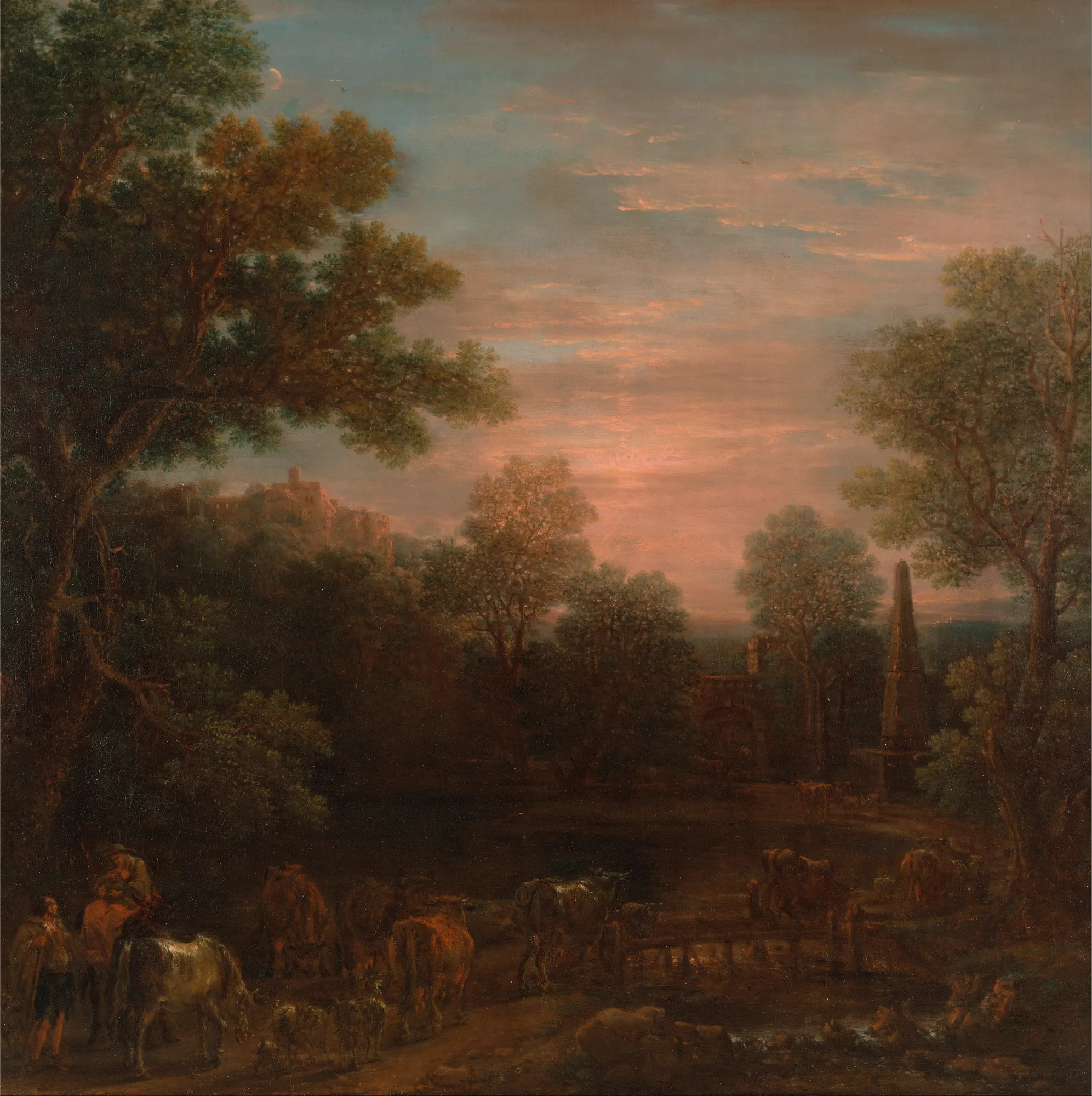 Classical Landscape: Evening Classical Landscape: Evening by John Wootton. A pastoral evening scene featuring cattle and figures near a pool of water, framed by large trees against a glowing sunset sky.