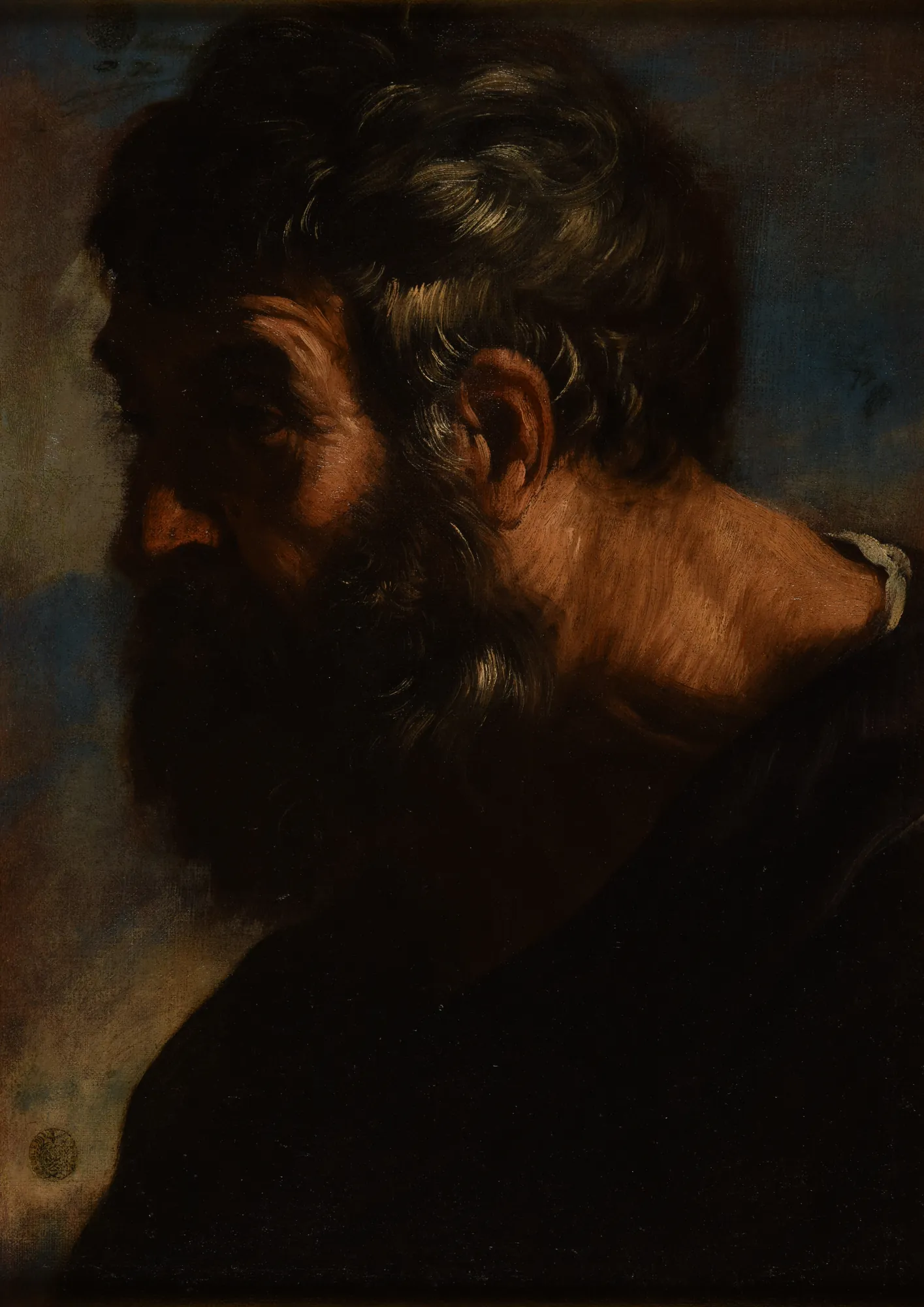 Head of a Man Head of a Man by Pier Francesco Mola. A profile portrait of a man with a dark beard and curling hair, highlighted by dramatic light against a deep, shadowed background.