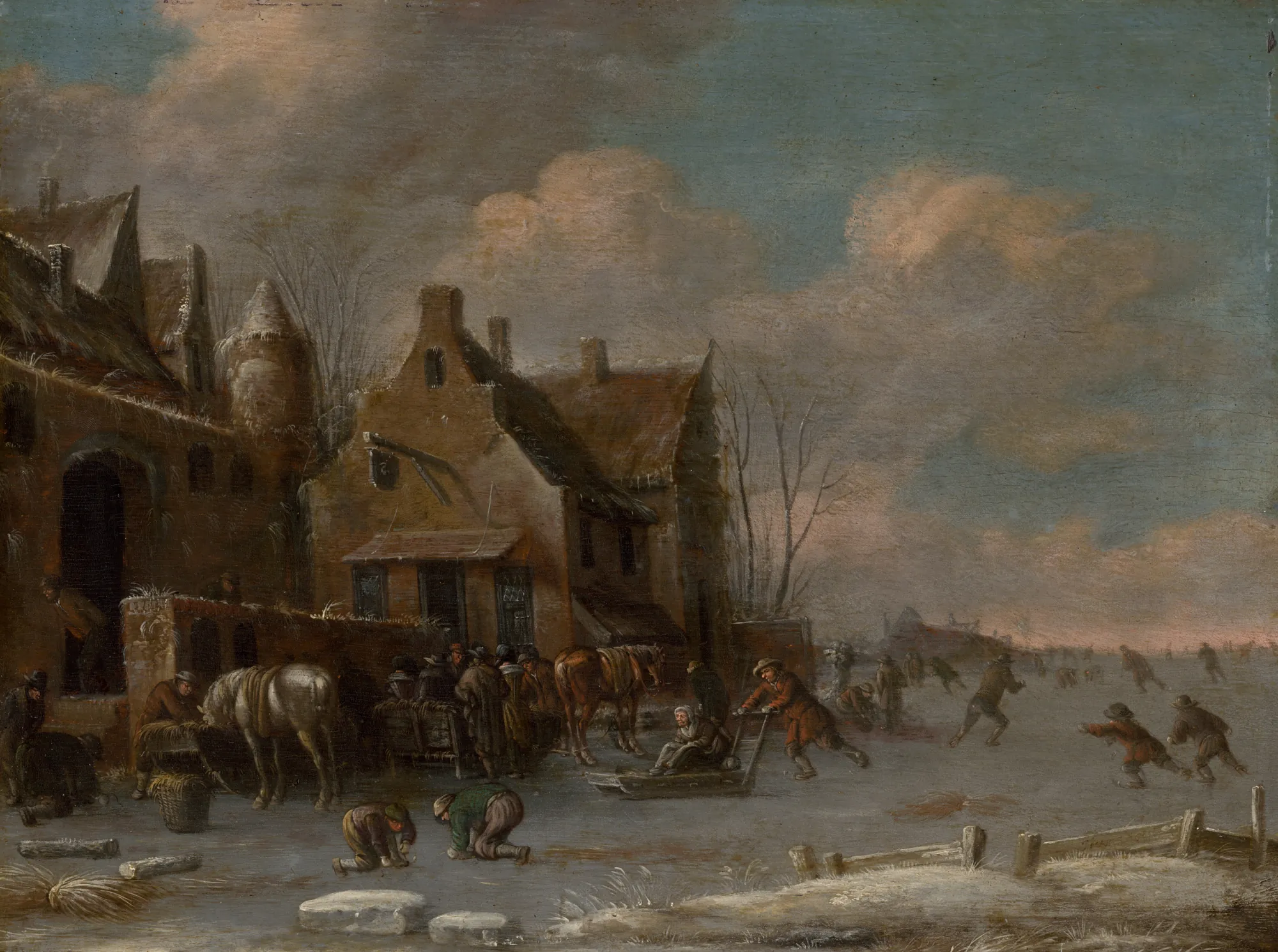 Before an Inn in Winter Before an Inn in Winter by Thomas Heeremans. A bustling winter scene outside a Dutch inn with figures skating on a frozen river and horses being tended to in the foreground.