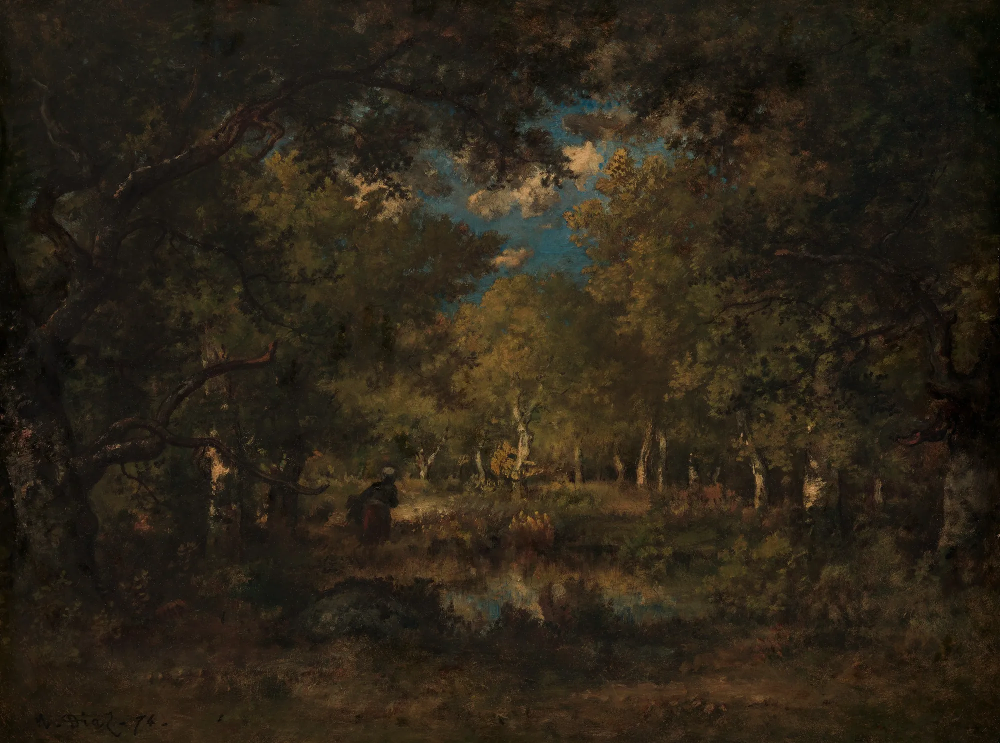 The Forest of Fontainebleau The Forest of Fontainebleau by Narcisse Virgilio Díaz. A dark and atmospheric forest scene with dense, gnarled trees framing a sunlit clearing where a small figure stands near a pool.