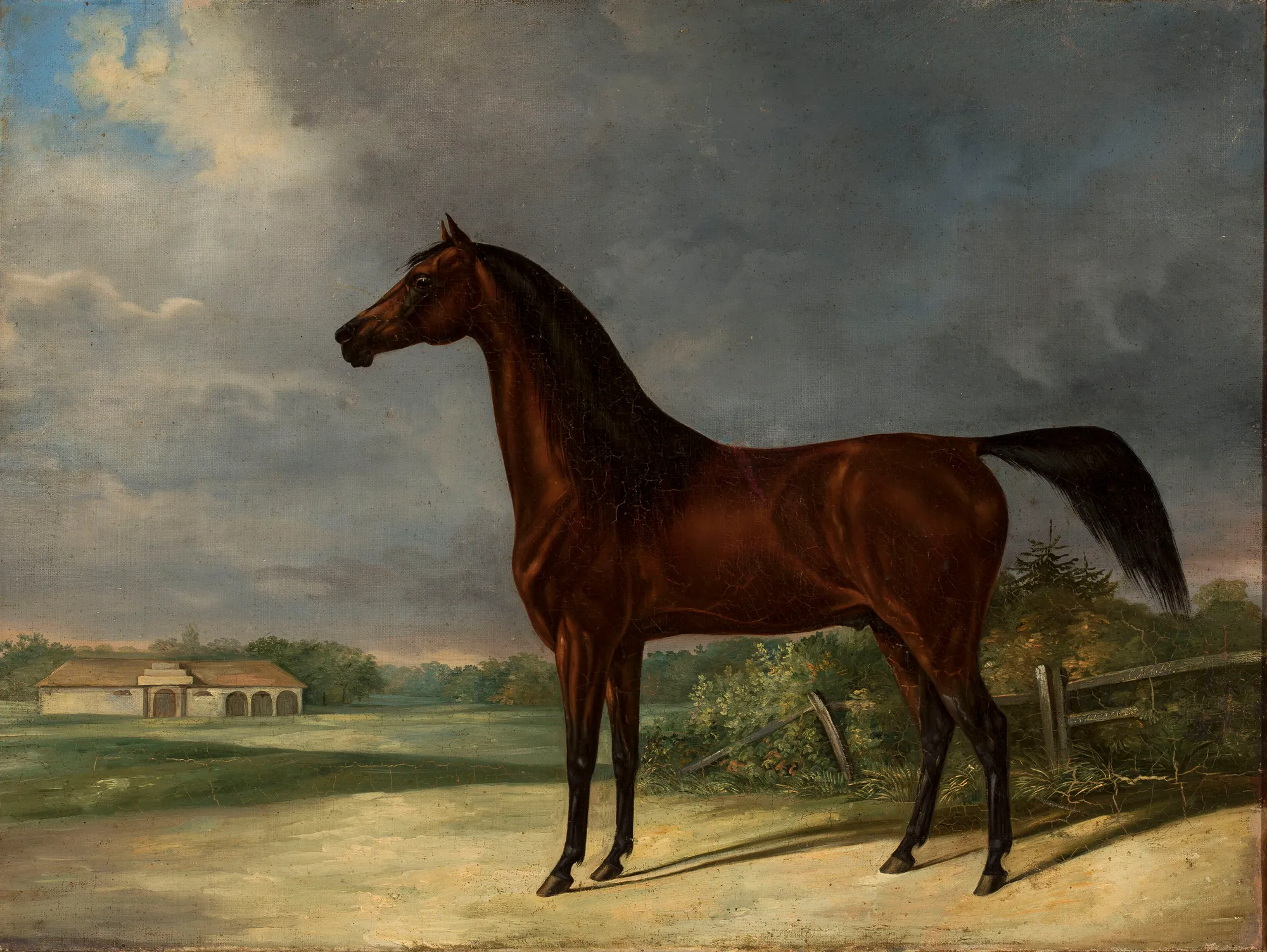 Bay Horse Bay Horse by Friedrich Leopold Bürde. An oil portrait of a glossy bay horse standing in profile against a rural landscape with a stable and a dramatic, clouded sky.