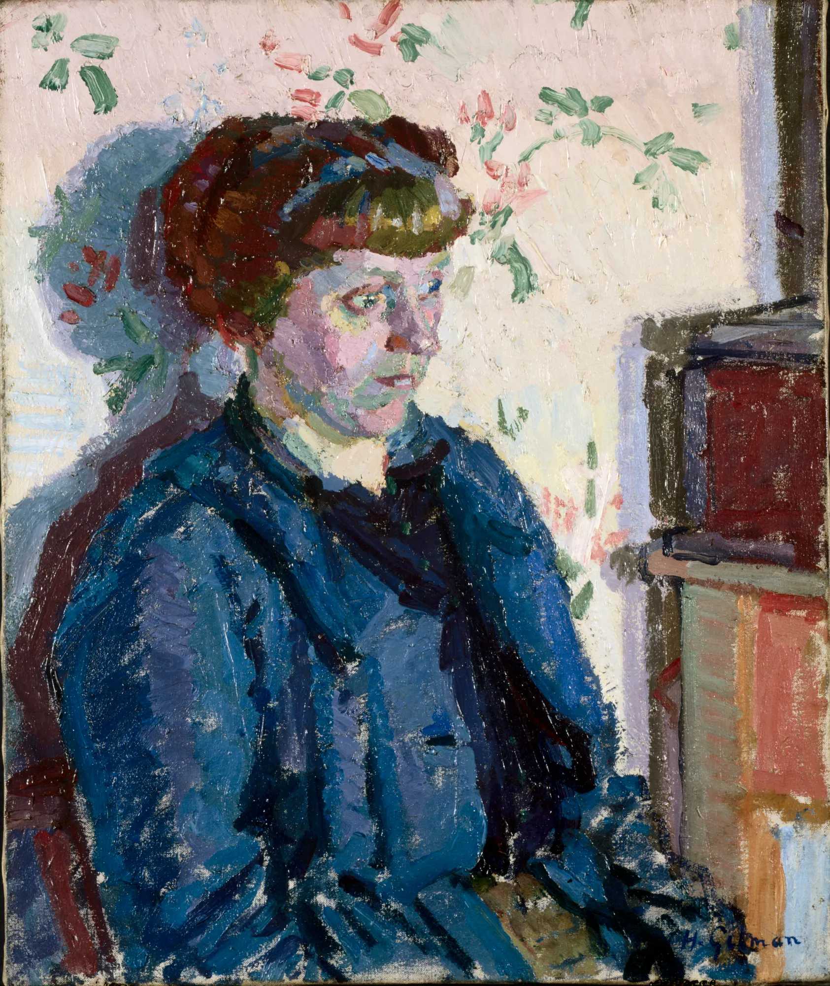 Sylvia Gosse Sylvia Gosse by Harold Gilman. A vibrant Post-Impressionist portrait of a woman in a deep blue coat against a pale floral wallpaper background.