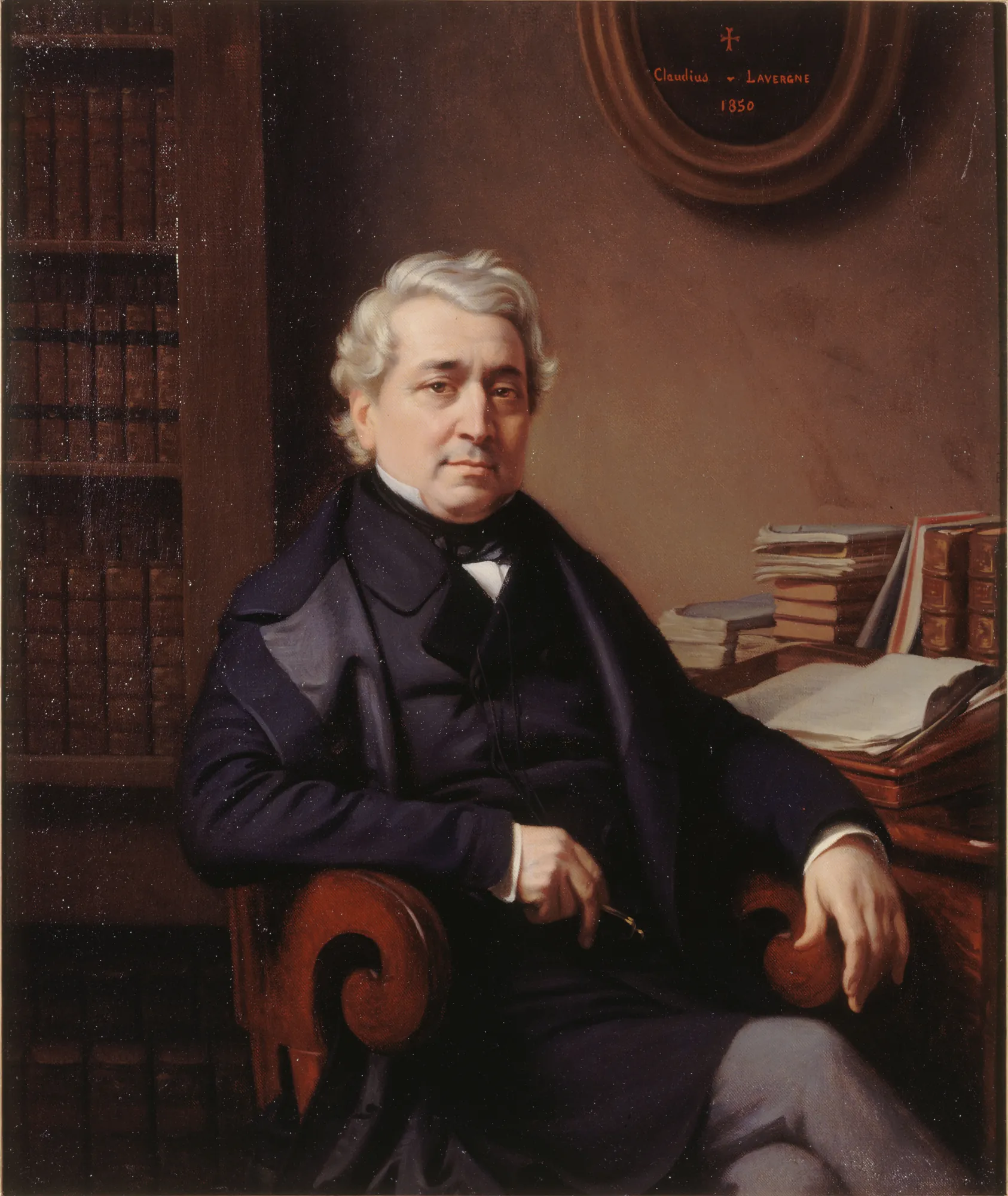 Portrait of Thomas Sauvage Portrait of Thomas Sauvage by Claudius Lavergne. A seated portrait of a middle-aged man with silver hair in a library setting, surrounded by books and papers.