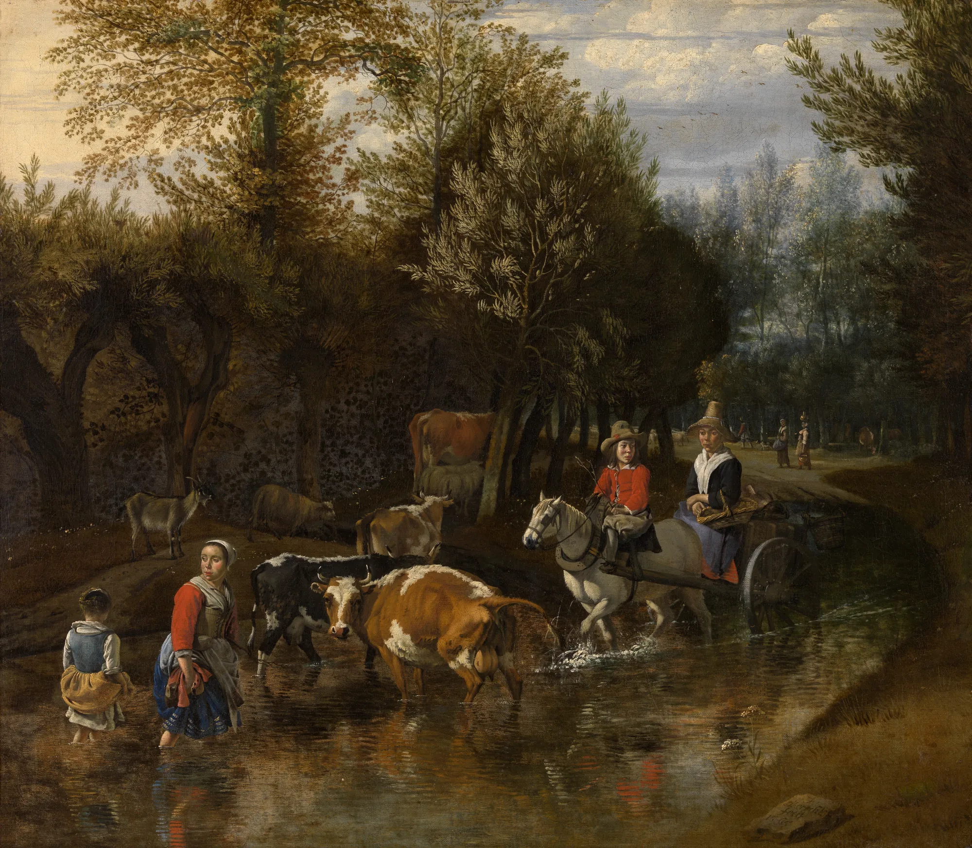 The Curious Cow The Curious Cow by Johannes Siberechts. Rural figures and a variety of livestock, including cattle and a horse-drawn cart, navigate a shallow stream in a lush wooded setting.