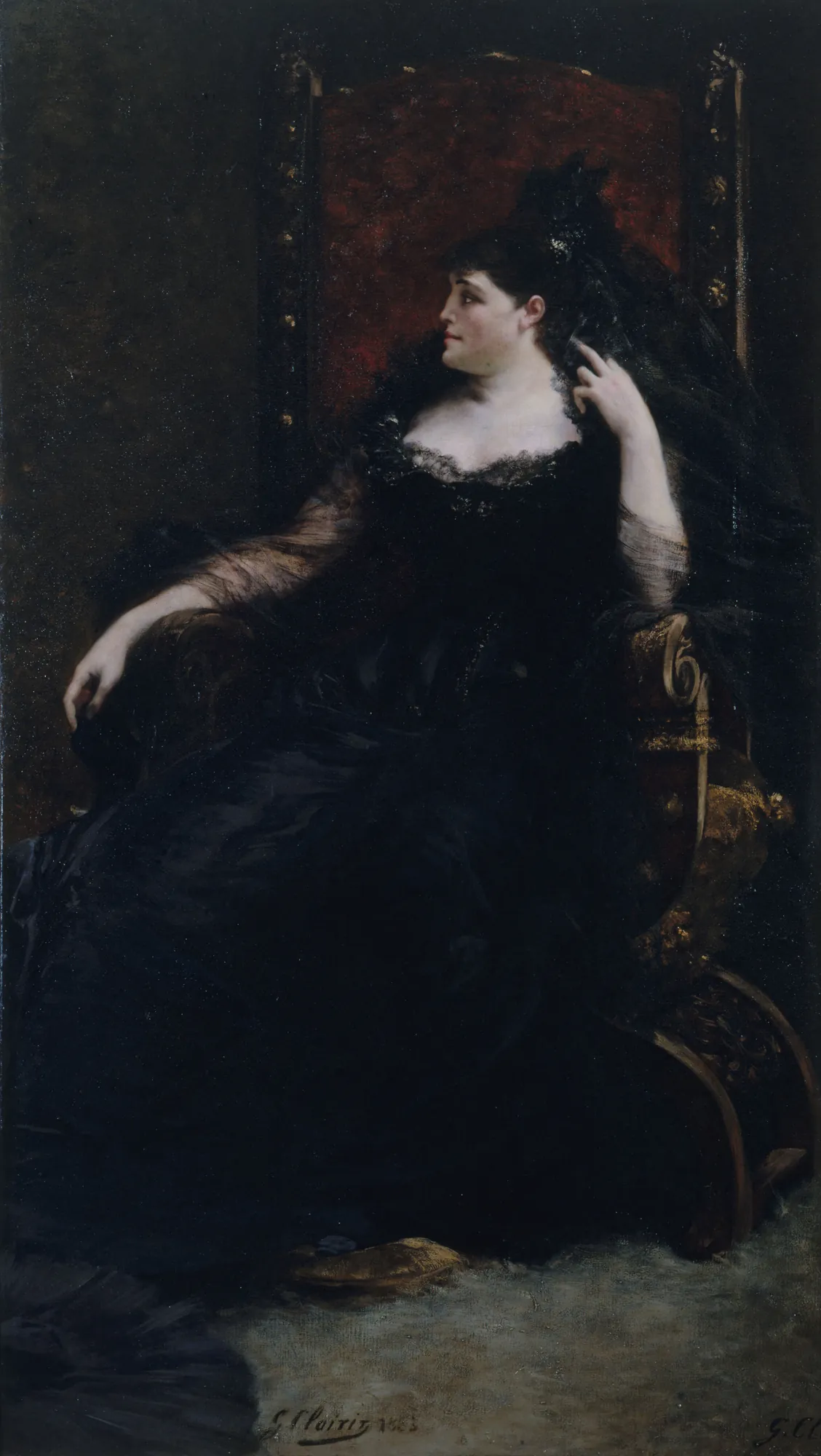 Portrait of Gabrielle Krauss Portrait of Gabrielle Krauss by Georges Clairin. A 19th-century portrait of a woman in an elegant dark gown seated in a high-backed red velvet chair, looking toward the side.