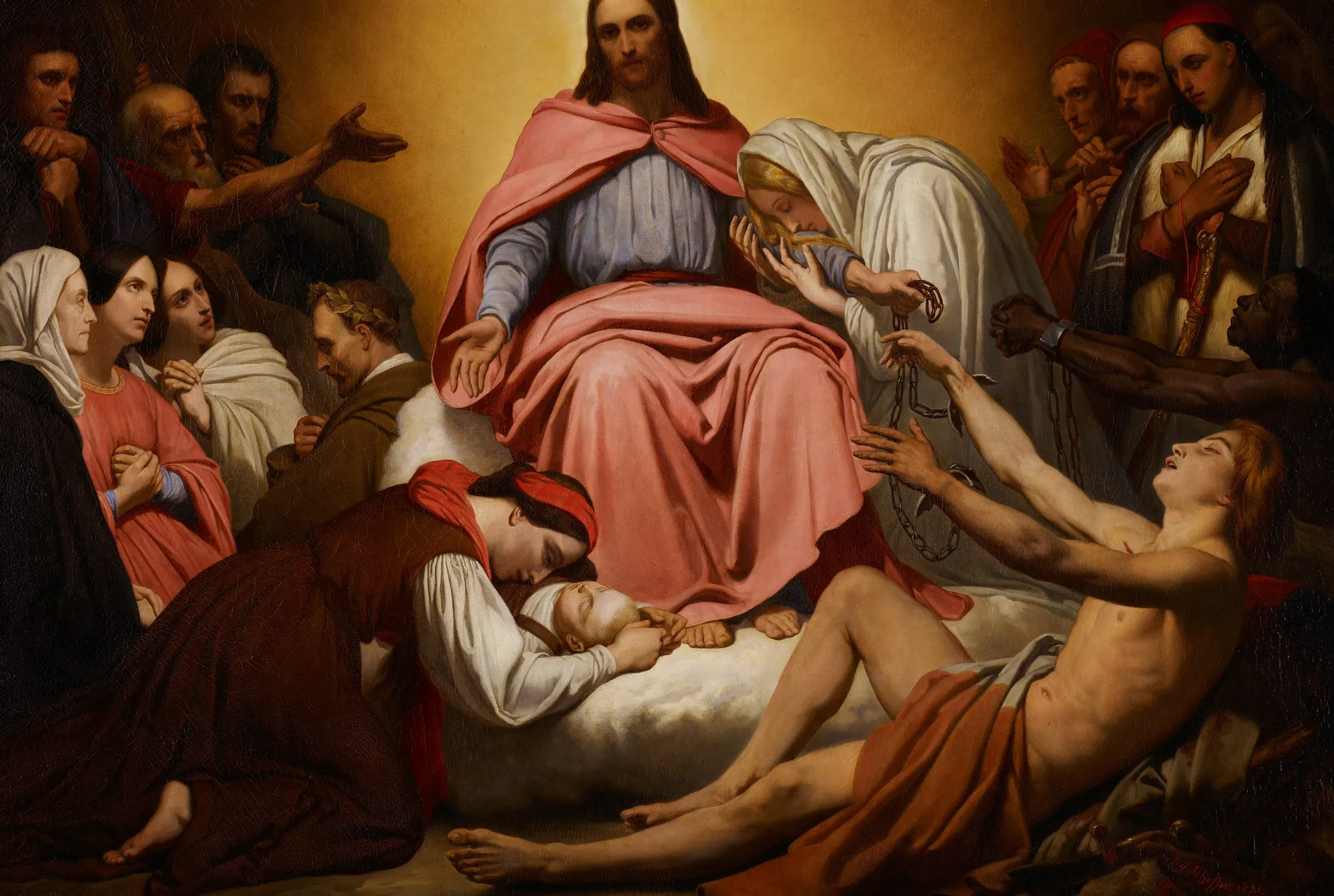 Christus Consolator Christus Consolator by Ary Scheffer. Jesus Christ sits centrally in a pink robe, extending hands toward a diverse group of suffering and kneeling figures including mourners and the oppressed.
