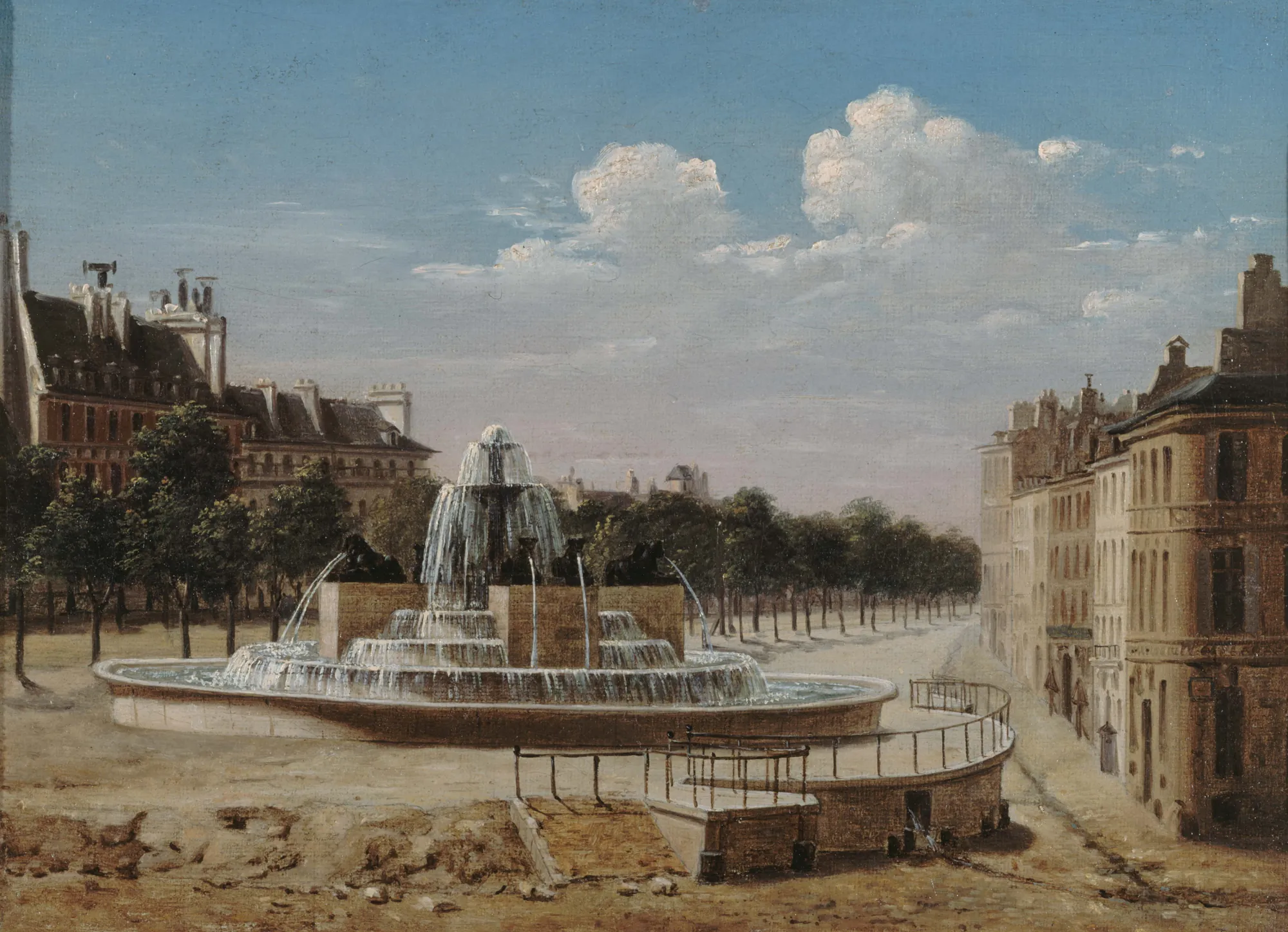 La Fontaine du Château d'Eau, Boulevard de Bondy La Fontaine du Château d'Eau, Boulevard de Bondy by Unknown Artist. A grand stone fountain with multiple tiers of cascading water sits at the center of a Parisian square, flanked by classic French architecture and rows of trees.
