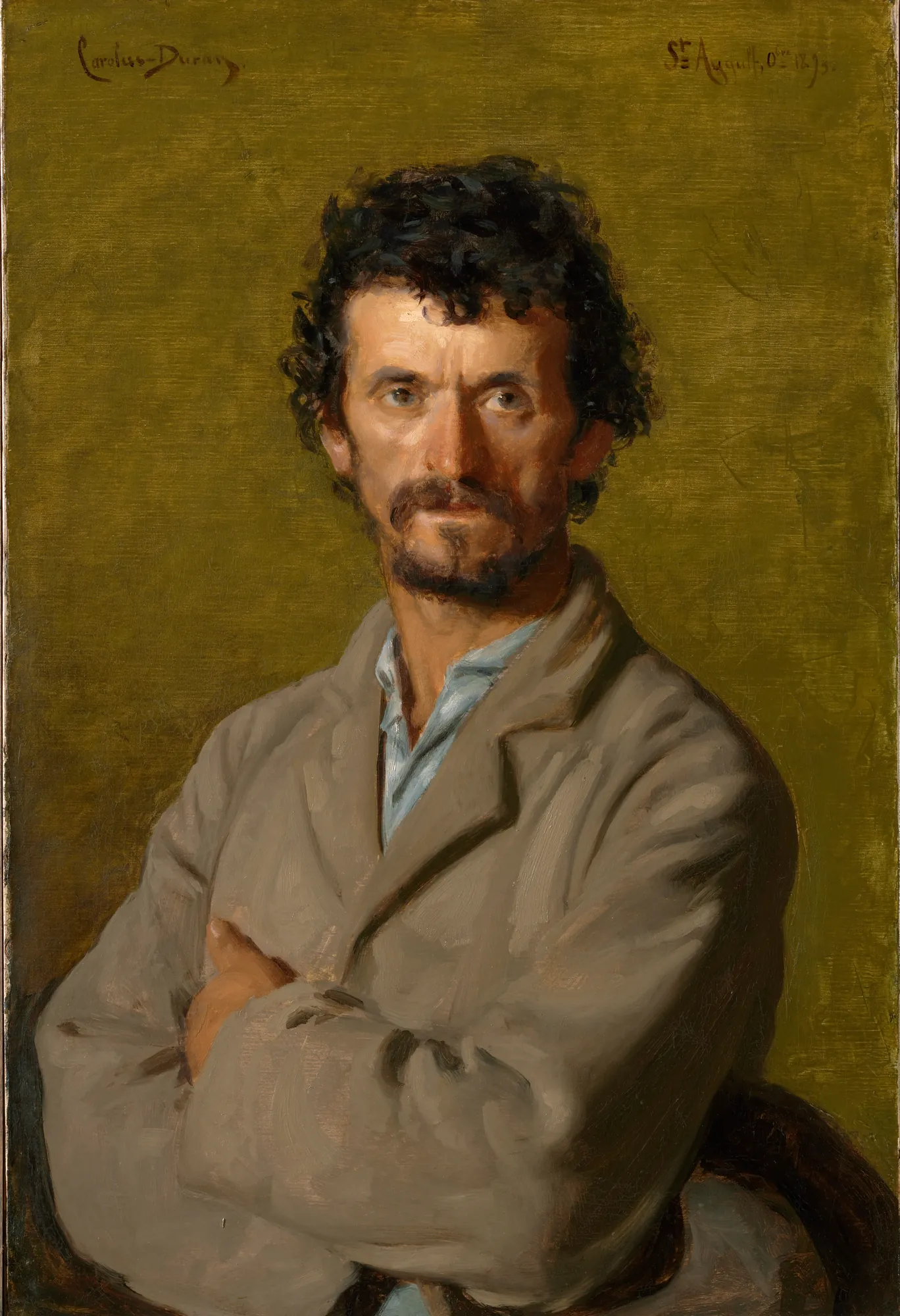 The Artist's Gardener The Artist's Gardener by Carolus-Duran. A portrait of a bearded man with curly dark hair and arms crossed against a textured olive-green background.