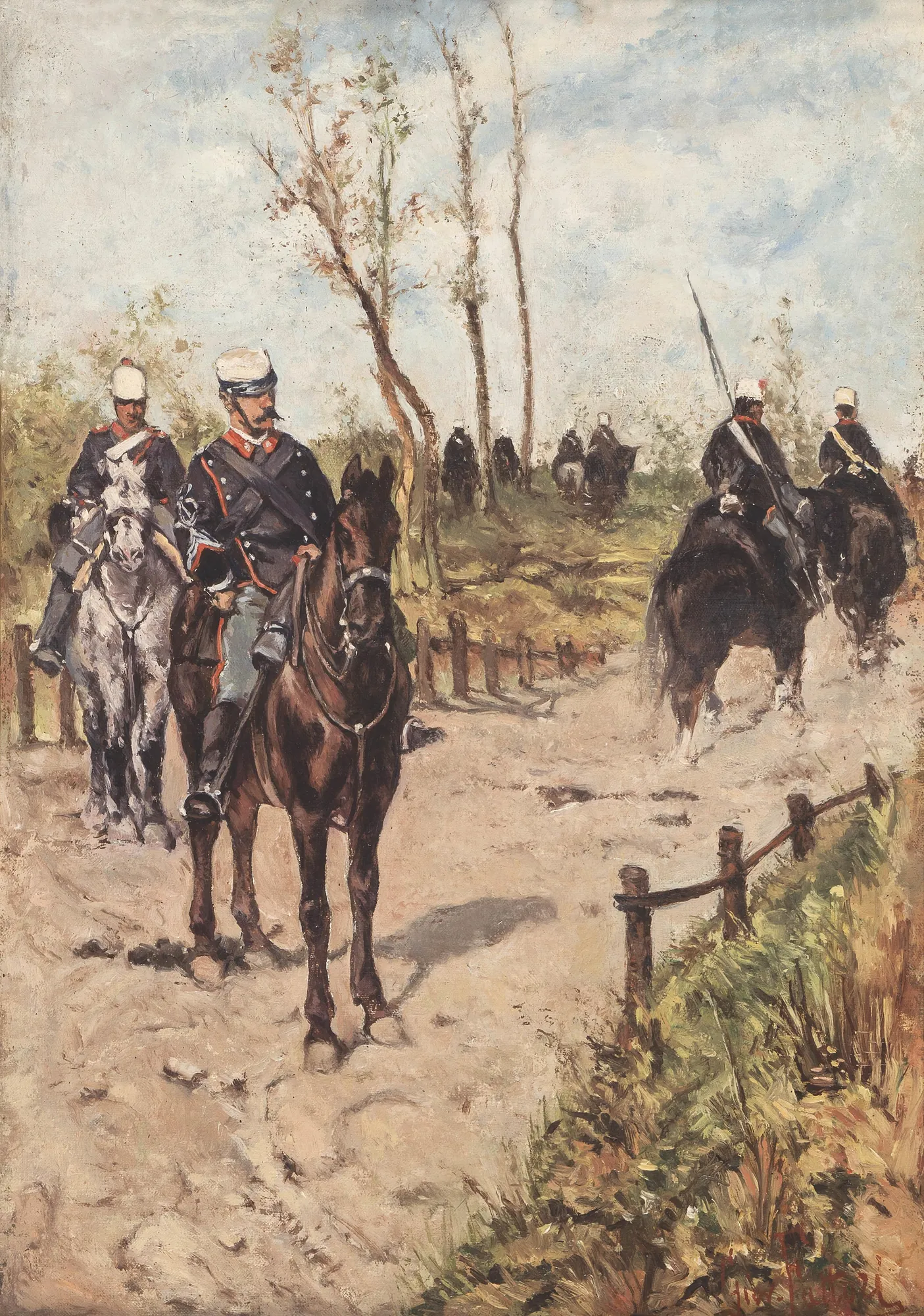 Artillery Patrol Artillery Patrol by Giovanni Fattori. Soldiers on horseback navigate a dusty, sunlit path lined with slender trees and a rustic fence.