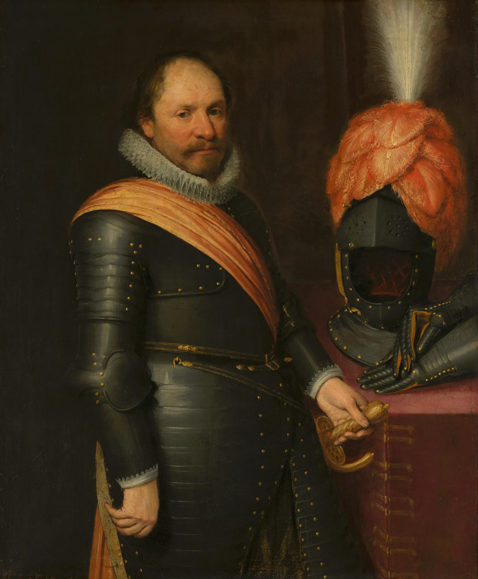 Portrait of an Officer Portrait of an Officer by Jan van Ravesteyn. A portrait of a bearded officer in dark steel armor with an orange sash, standing beside a plumed helmet and gauntlets.