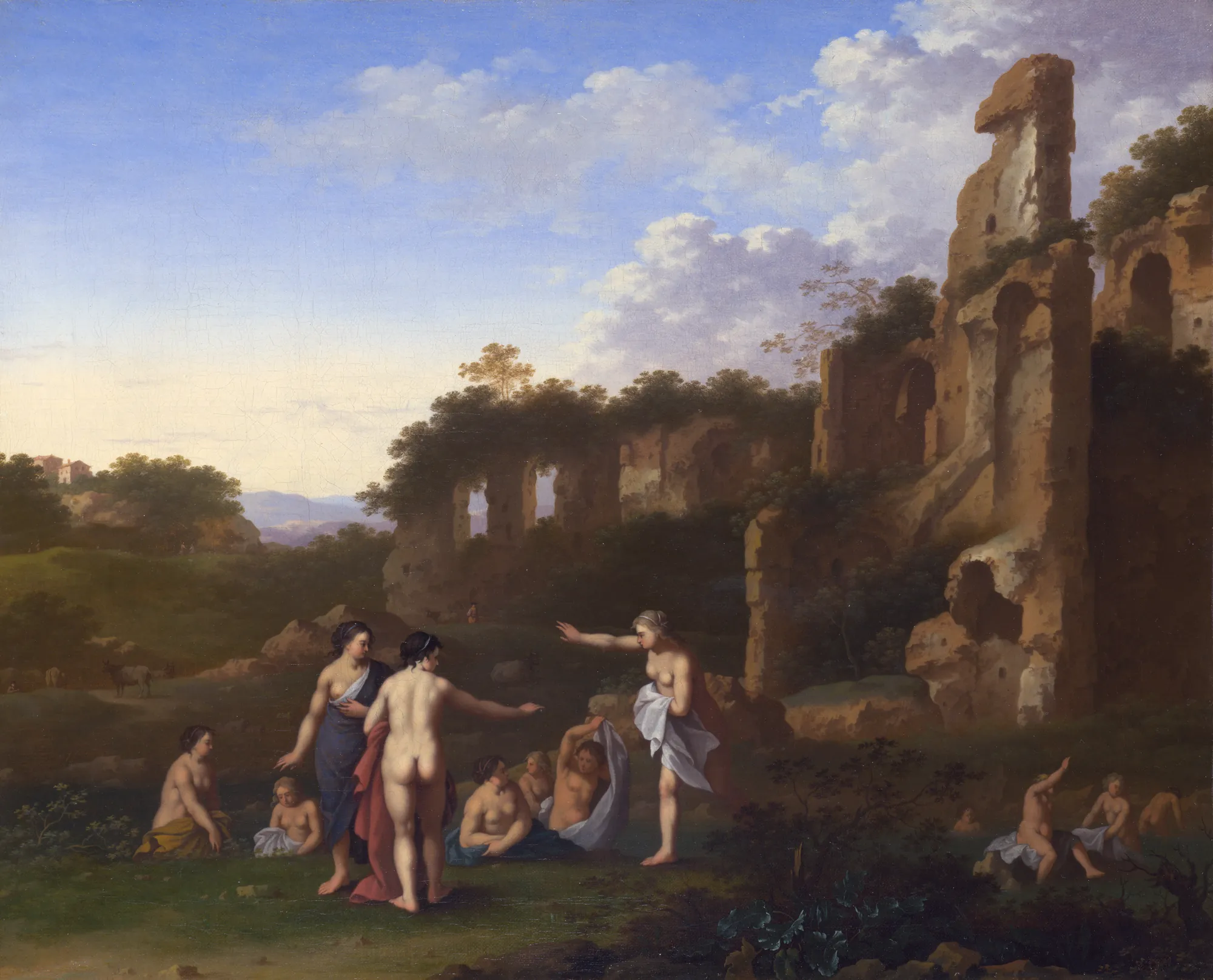 Women Bathing in a Landscape Women Bathing in a Landscape by Cornelius van Poelenburgh. A group of nude and semi-nude women are depicted bathing and resting in a pastoral landscape featuring prominent ancient Roman-style ruins.