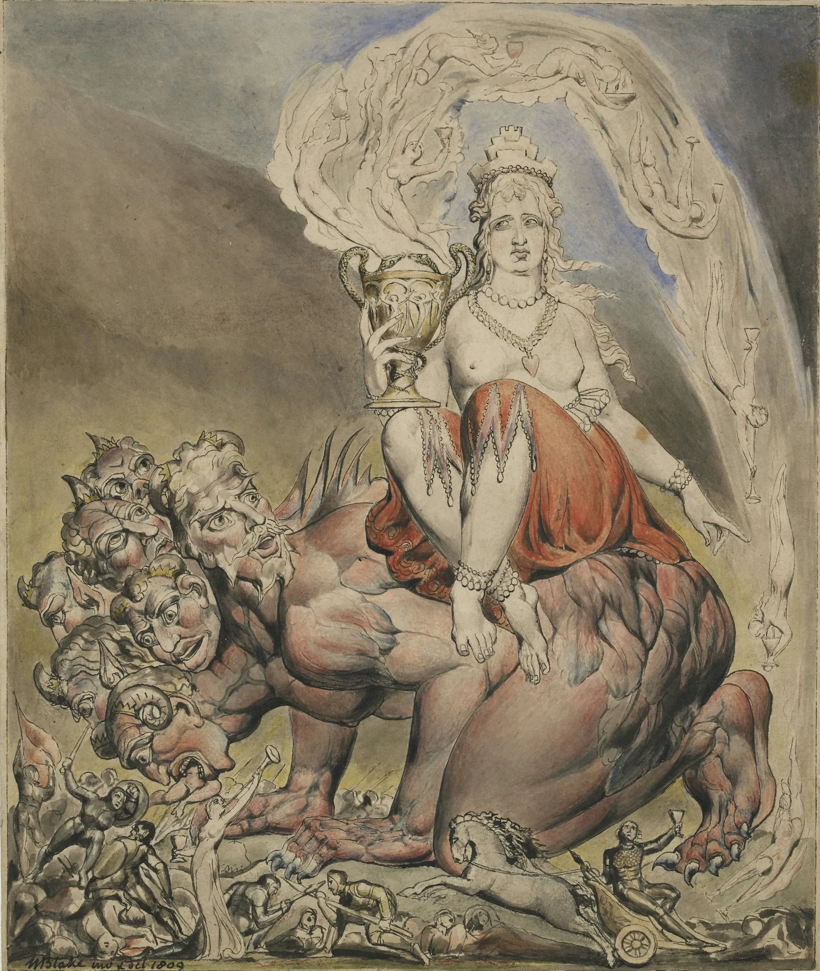 The Whore of Babylon The Whore of Babylon by William Blake. A woman in a crown sits atop a multi-headed beast, holding a golden chalice with figures emerging in smoke above her.