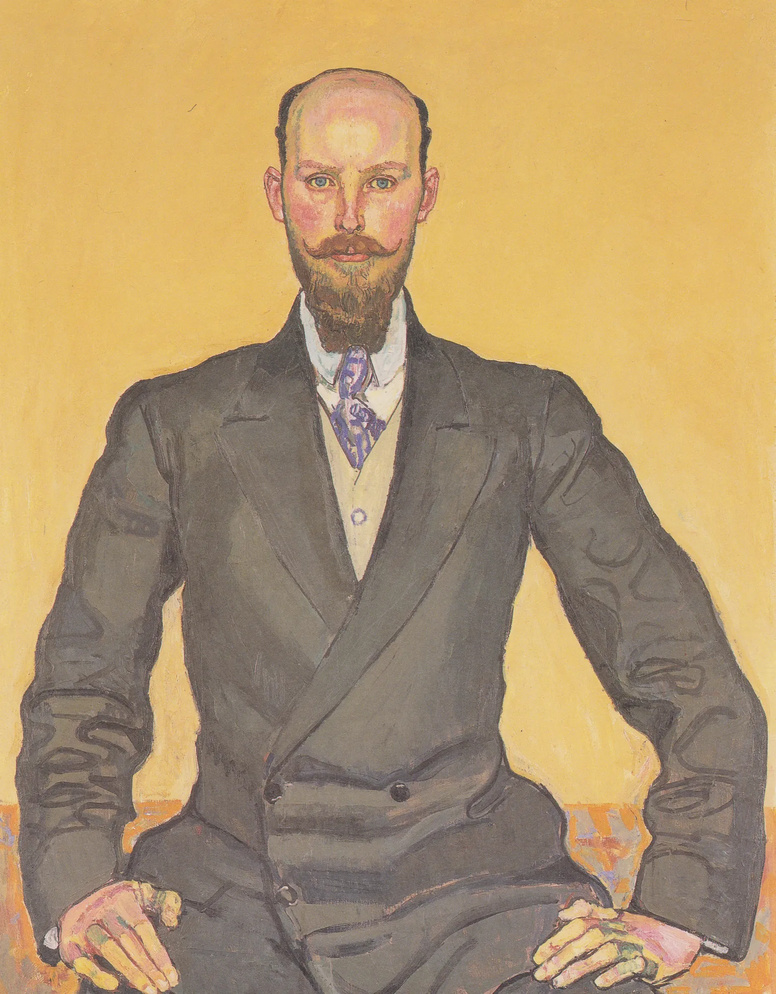 Portrait of Willy Russ Portrait of Willy Russ by Ferdinand Hodler. A front-facing portrait of a bearded man in a dark grey double-breasted suit against a solid yellow background.
