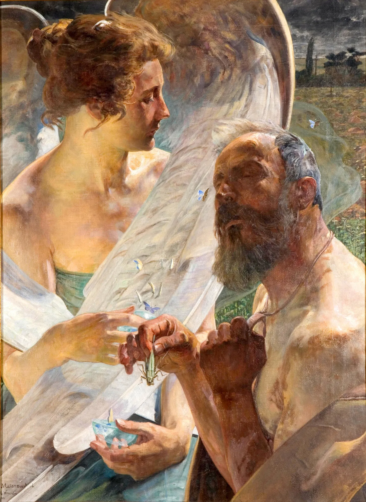 Resurrection (Zmartwychwstanie) Resurrection (Zmartwychwstanie) by Jacek Malczewski. A luminous angelic figure with large wings stands over a bearded man in an allegorical scene set against a dark, moody landscape.