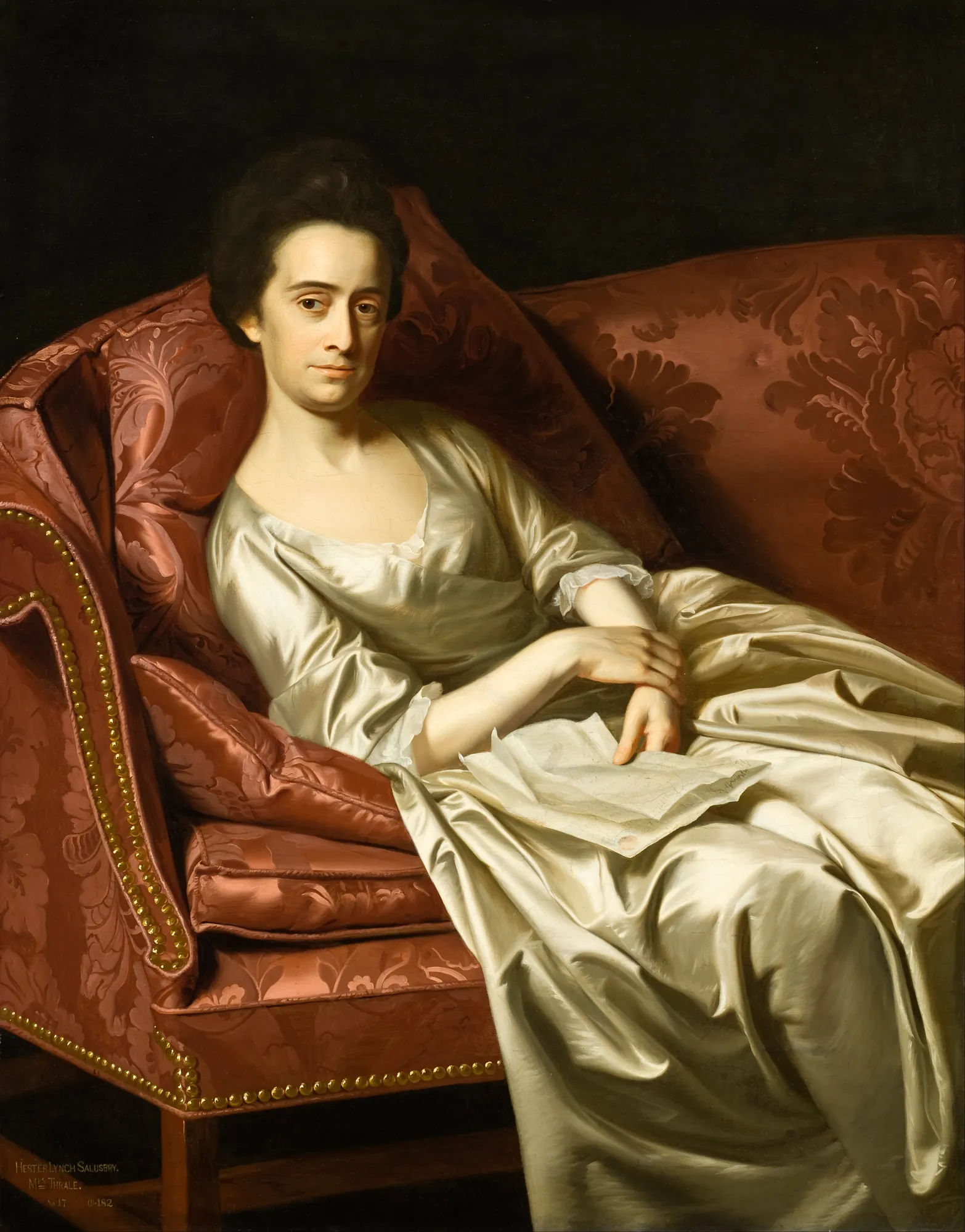 Portrait of a Lady Portrait of a Lady by John Singleton Copley. A portrait of a woman in a shimmering white silk gown reclining on a crimson damask sofa against a dark background.