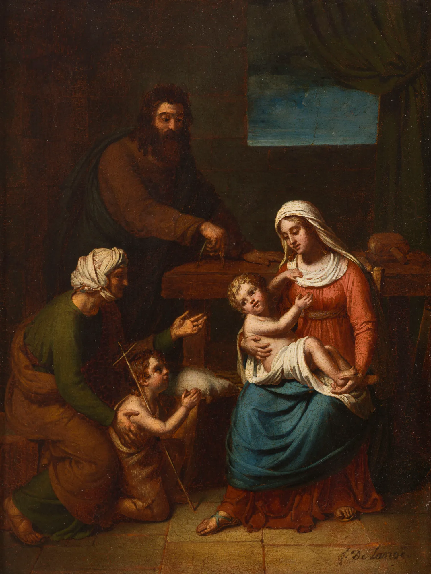 The Holy Family The Holy Family by Frédéric Delanoë. A religious oil painting featuring the Holy Family and a young Saint John the Baptist in a dimly lit interior.