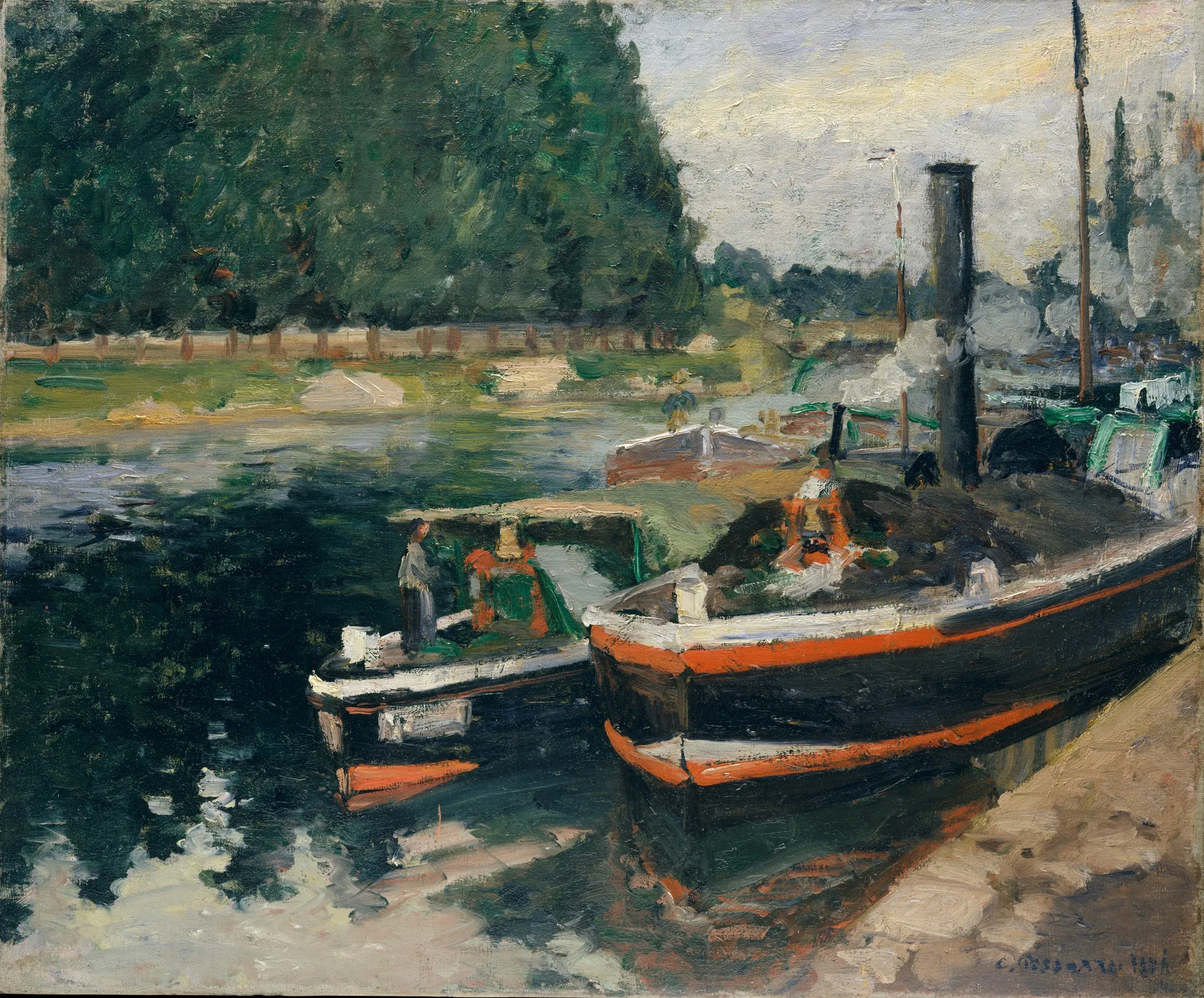 Barges at Pontoise Barges at Pontoise by Camille Pissarro. An Impressionist landscape featuring dark barges with bold red accents docked on a river next to a lush green bank under a cloudy sky.