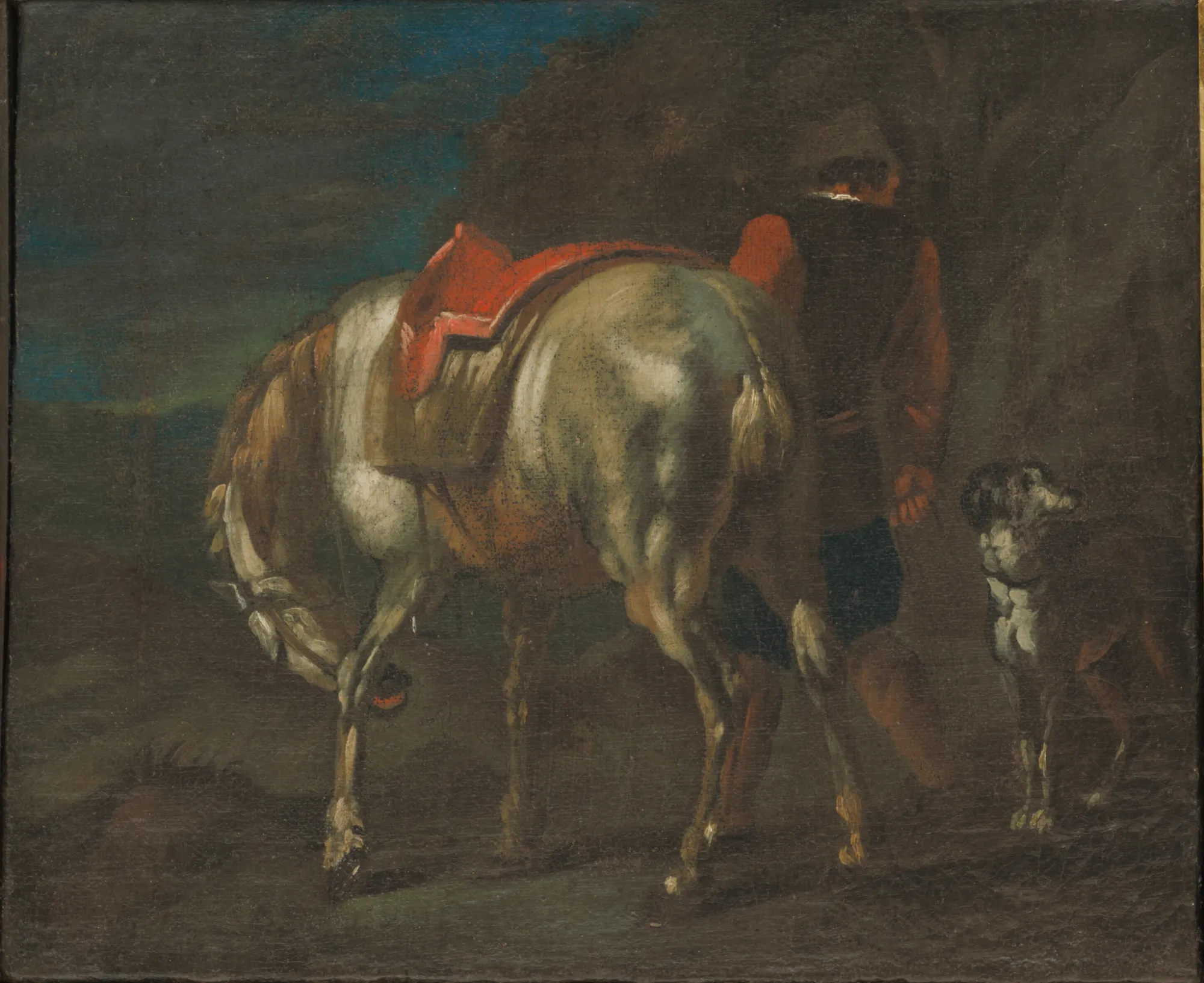 Man with a Horse and a Dog Man with a Horse and a Dog by Juliusz Kossak. A man in traditional attire leads a white horse with a red saddle, followed by a dog against a dark, moody background.