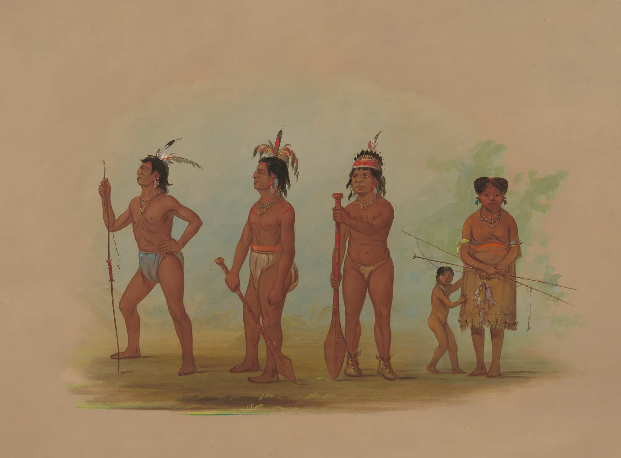 Klatsop Indians Klatsop Indians by George Catlin. A group of Clatsop people, including three men with spears and paddles, a woman with a bow, and a small child, depicted in traditional dress against a neutral buff background.