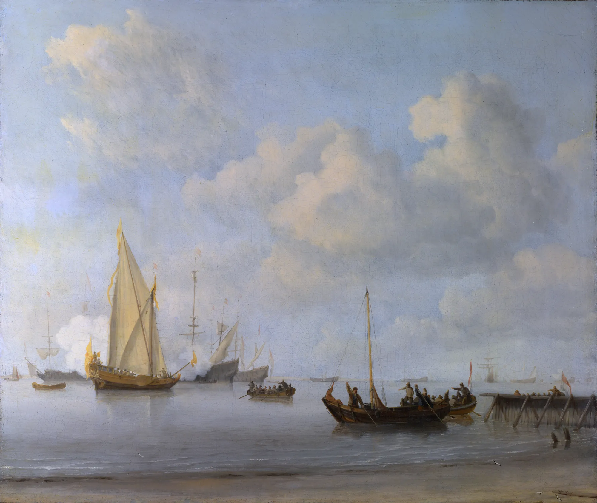 Boats Pulling Out to a Yacht in a Calm