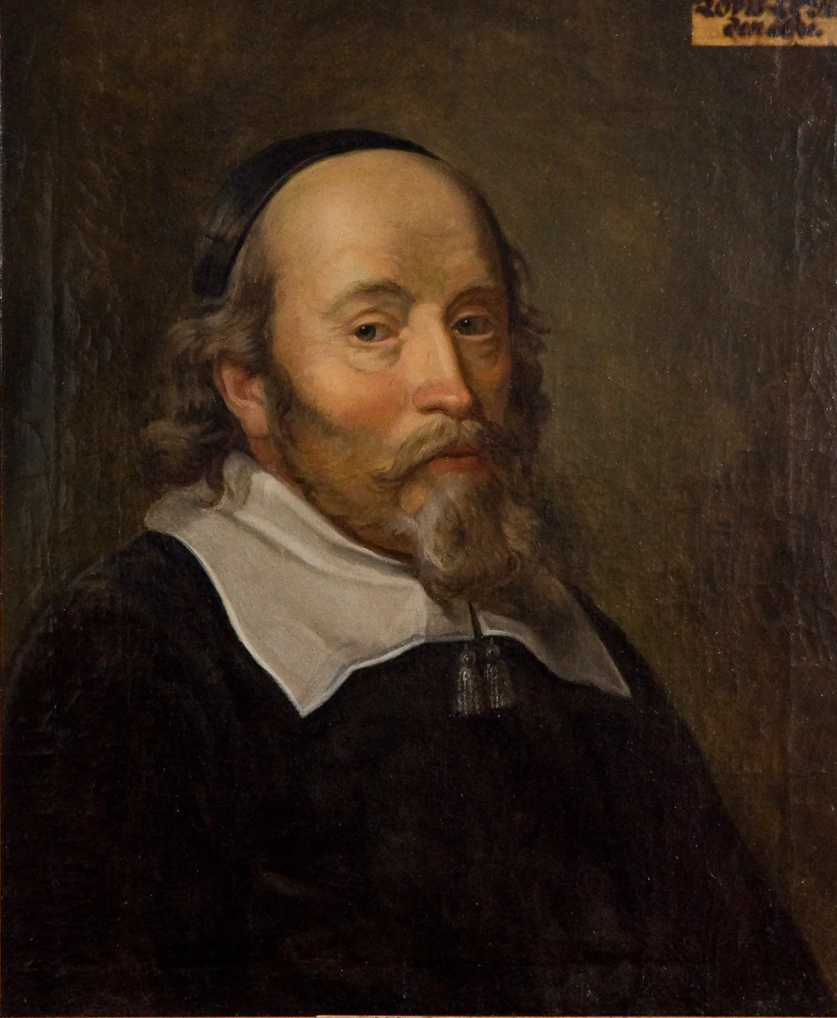 Louis De Geer Louis De Geer by Unknown Artist. A dignified oil portrait of a man with a grey beard, wearing a black skullcap and a prominent white collar against a dark, atmospheric background.