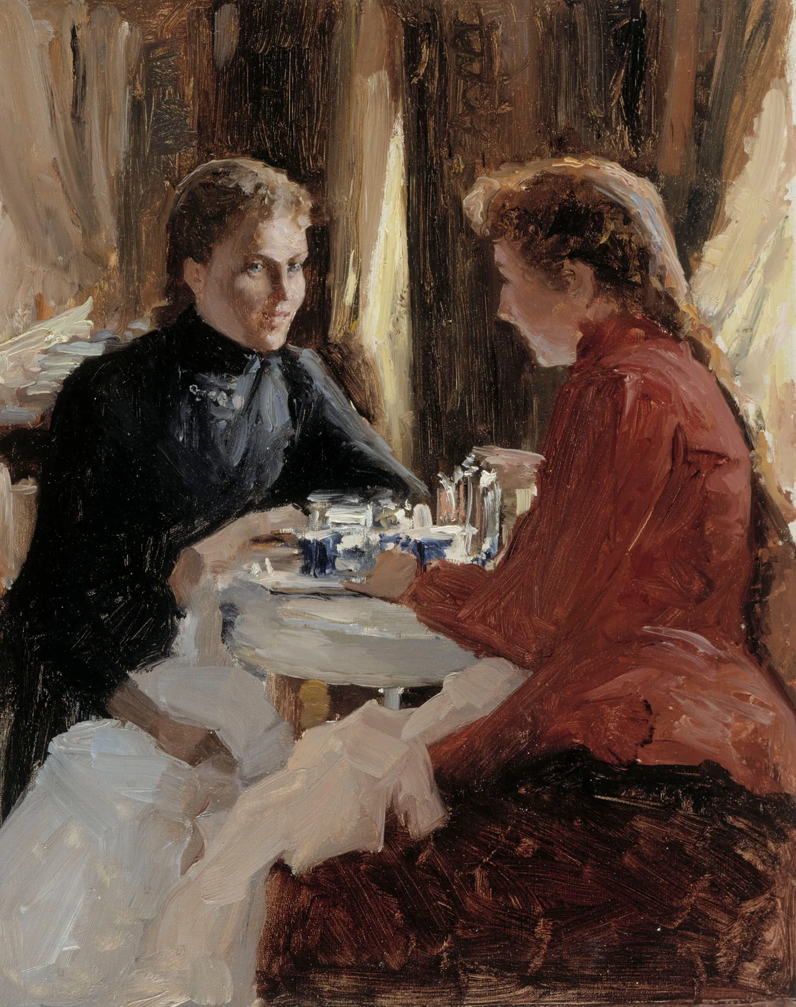Elevenses Elevenses by Albert Edelfelt. Two women are seated at a small table, leaning in toward each other as they talk over cups of tea or coffee.
