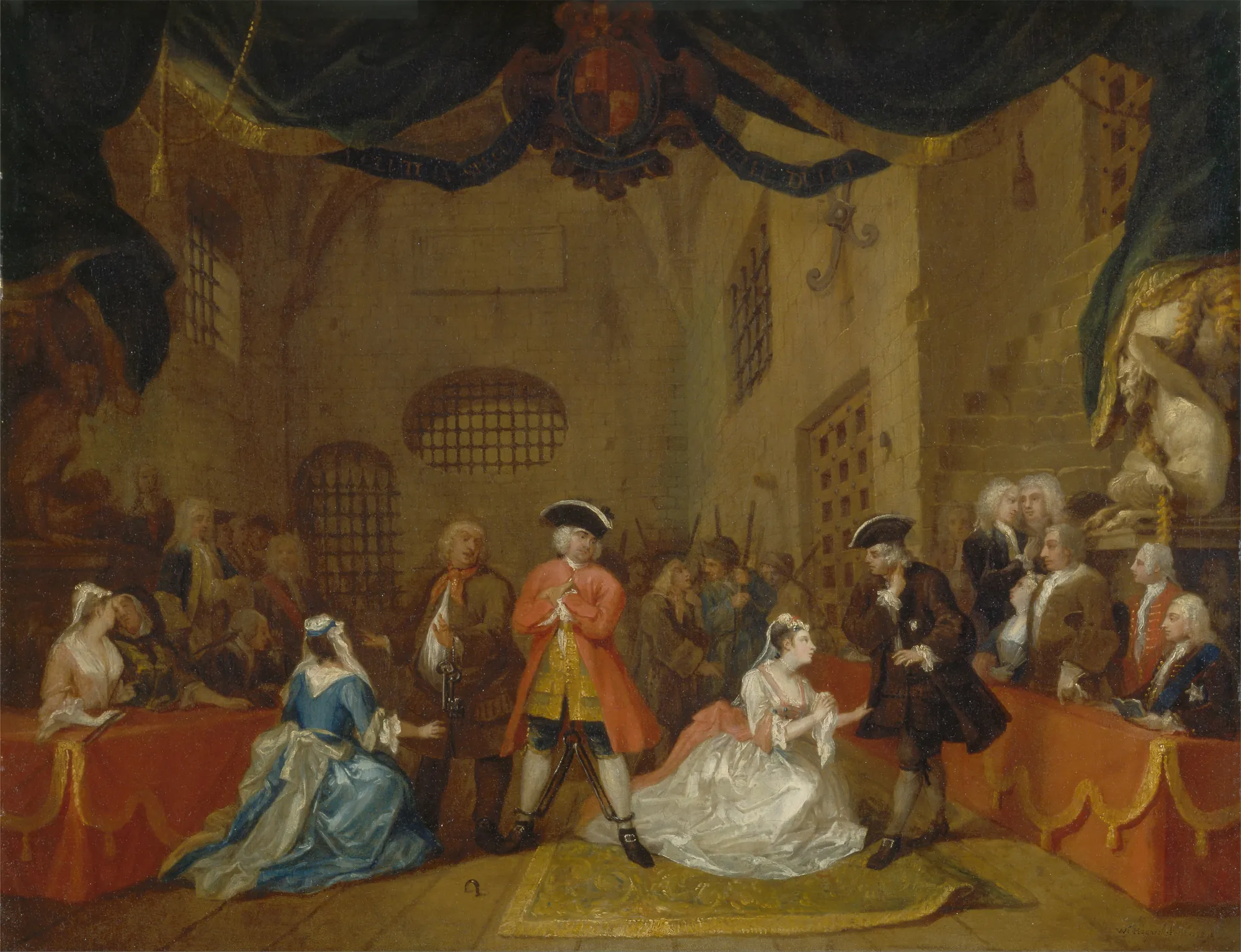 The Beggar's Opera The Beggar's Opera by William Hogarth. A theatrical scene depicting figures in 18th-century dress inside a stone-walled prison setting under a draped proscenium.